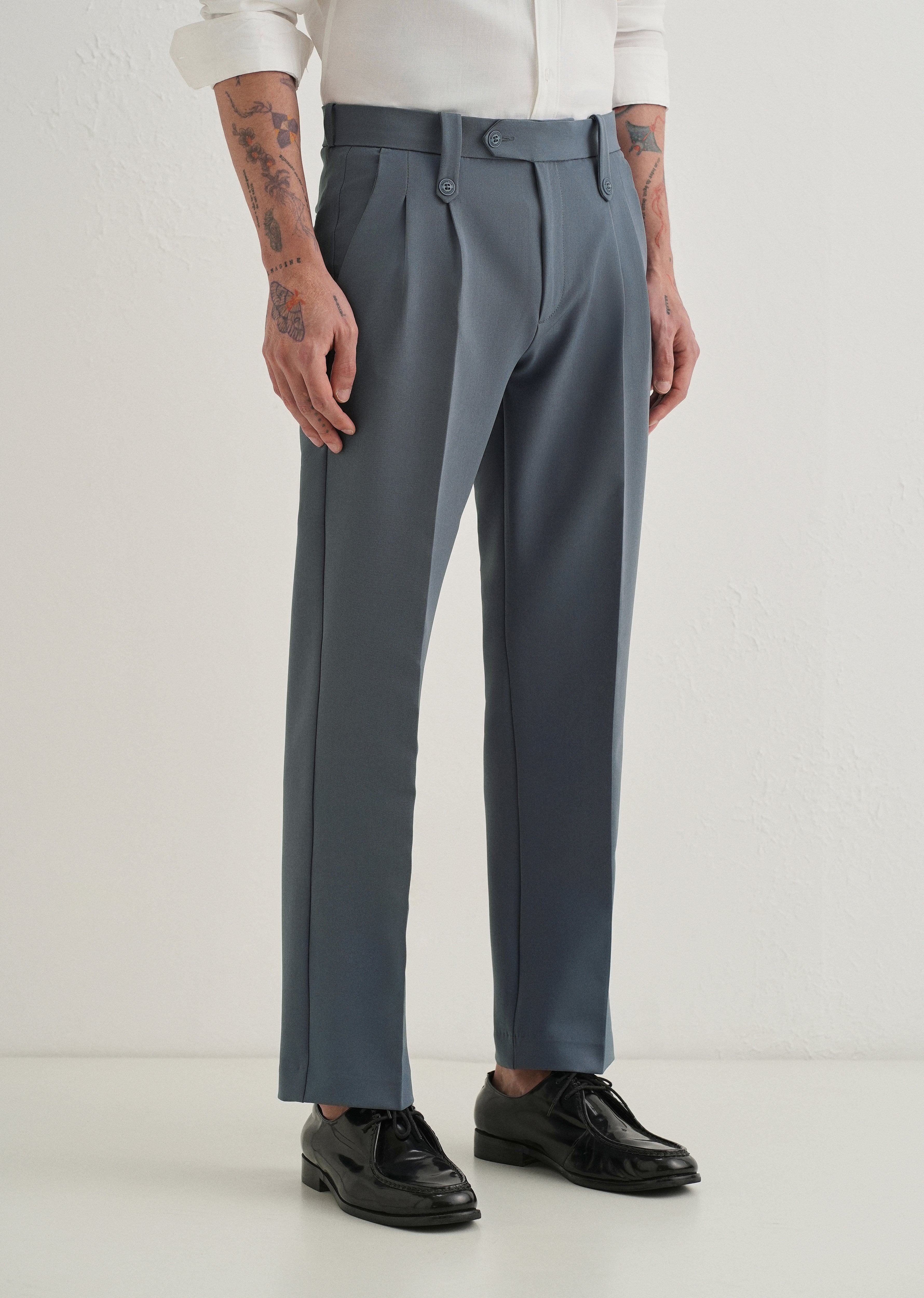 Slate Grey Button-Tab Pleat Trouser