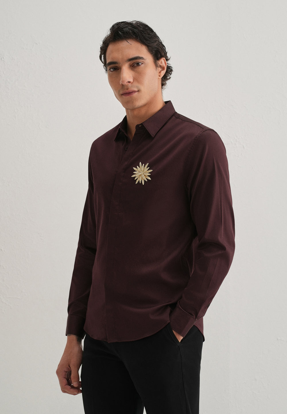 Star Floral Brooch Wine Designer Shirt