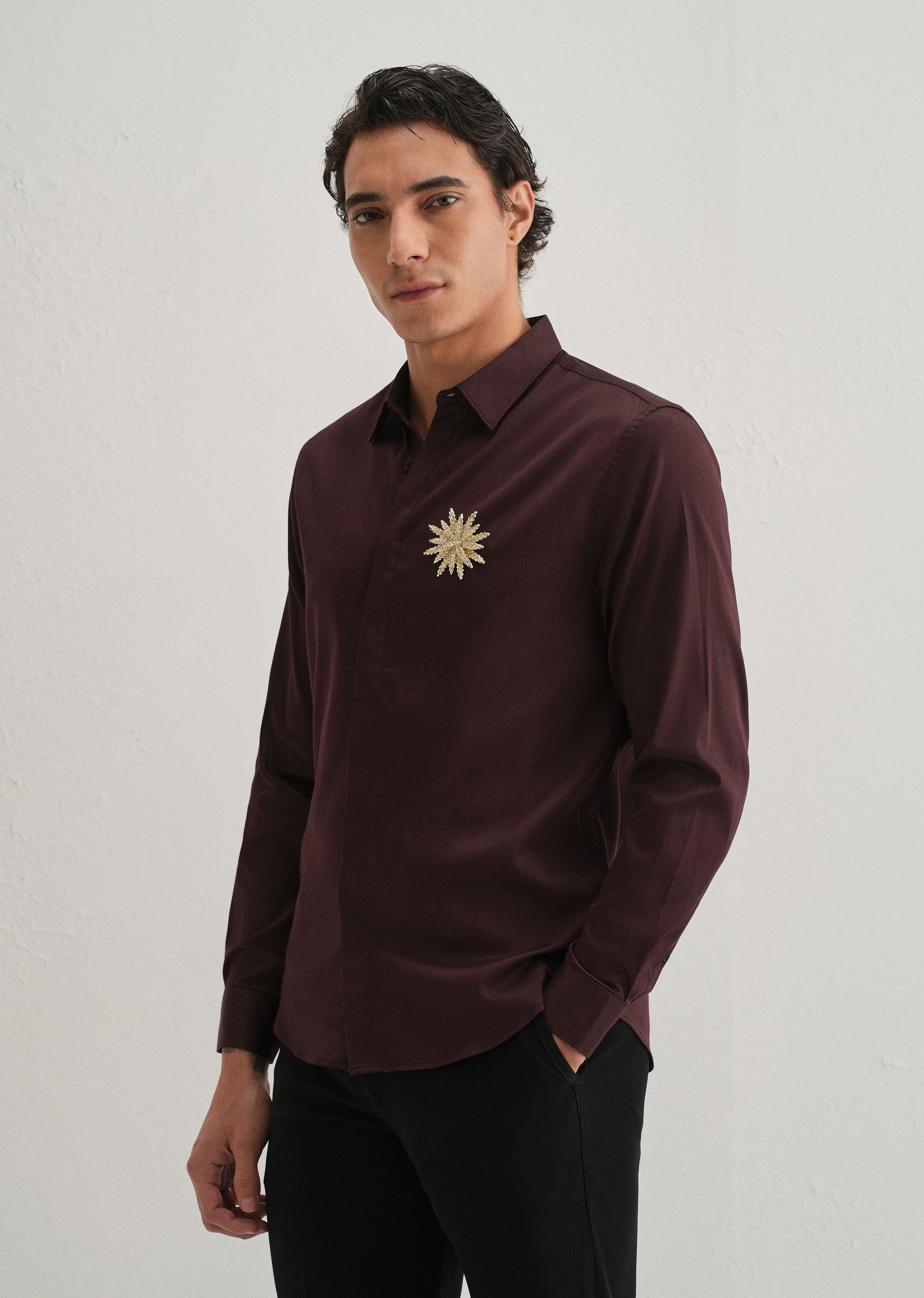 Star Floral Brooch Wine Designer Shirt