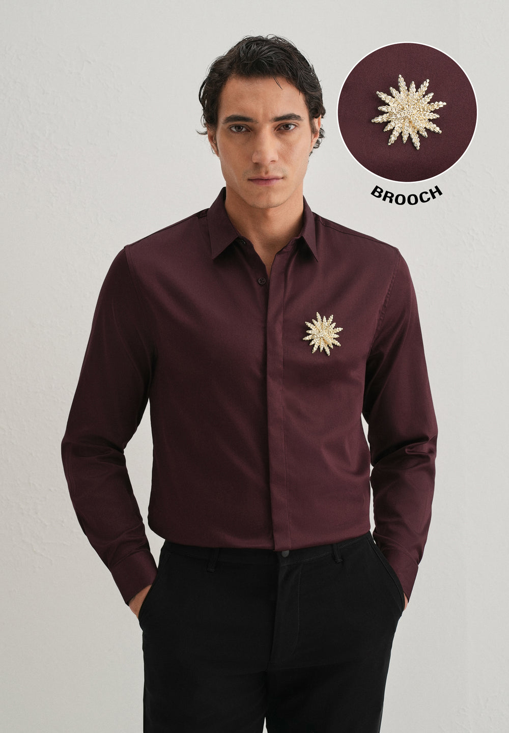Star Floral Brooch Wine Designer Shirt