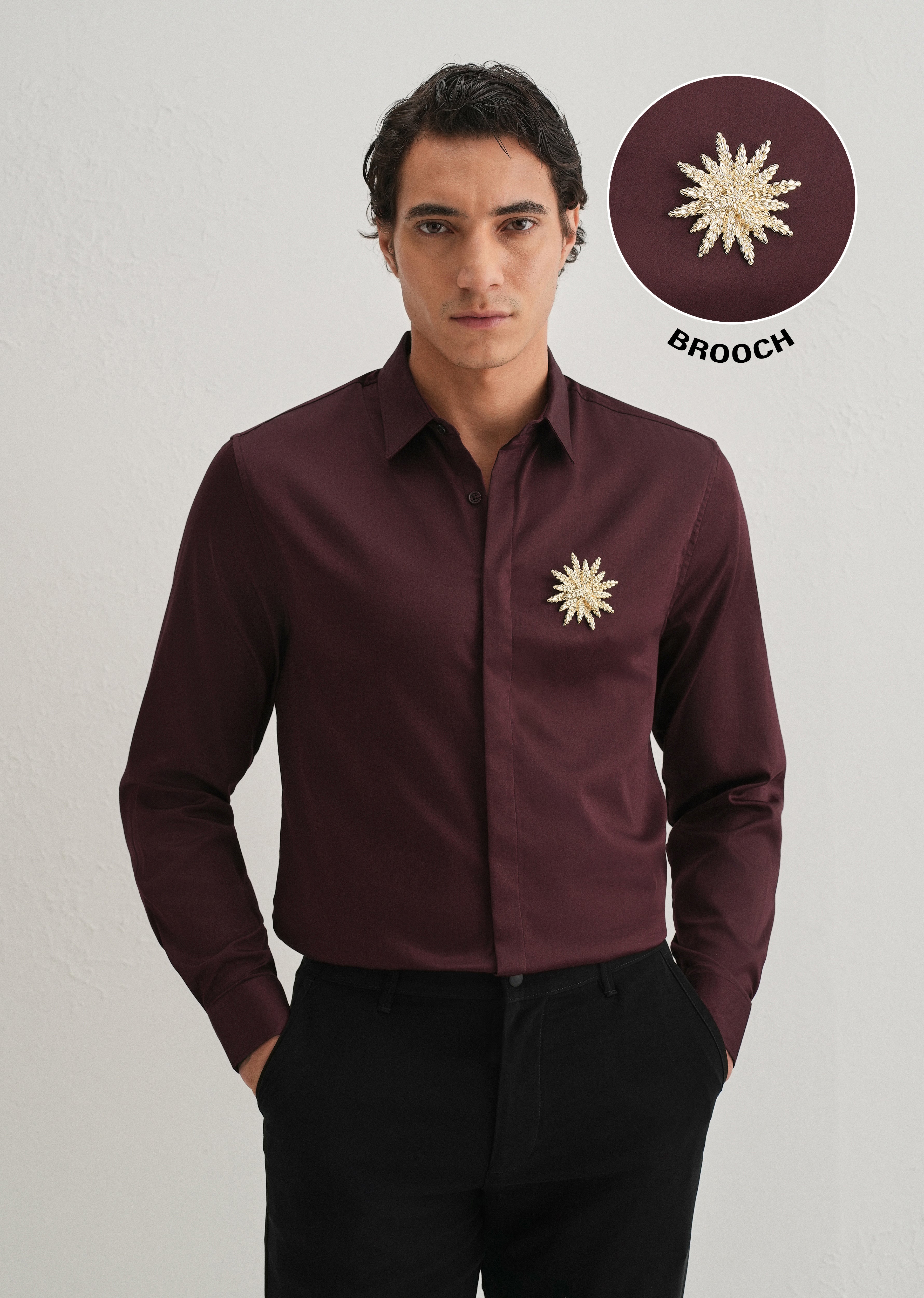 Star Floral Brooch Wine Designer Shirt