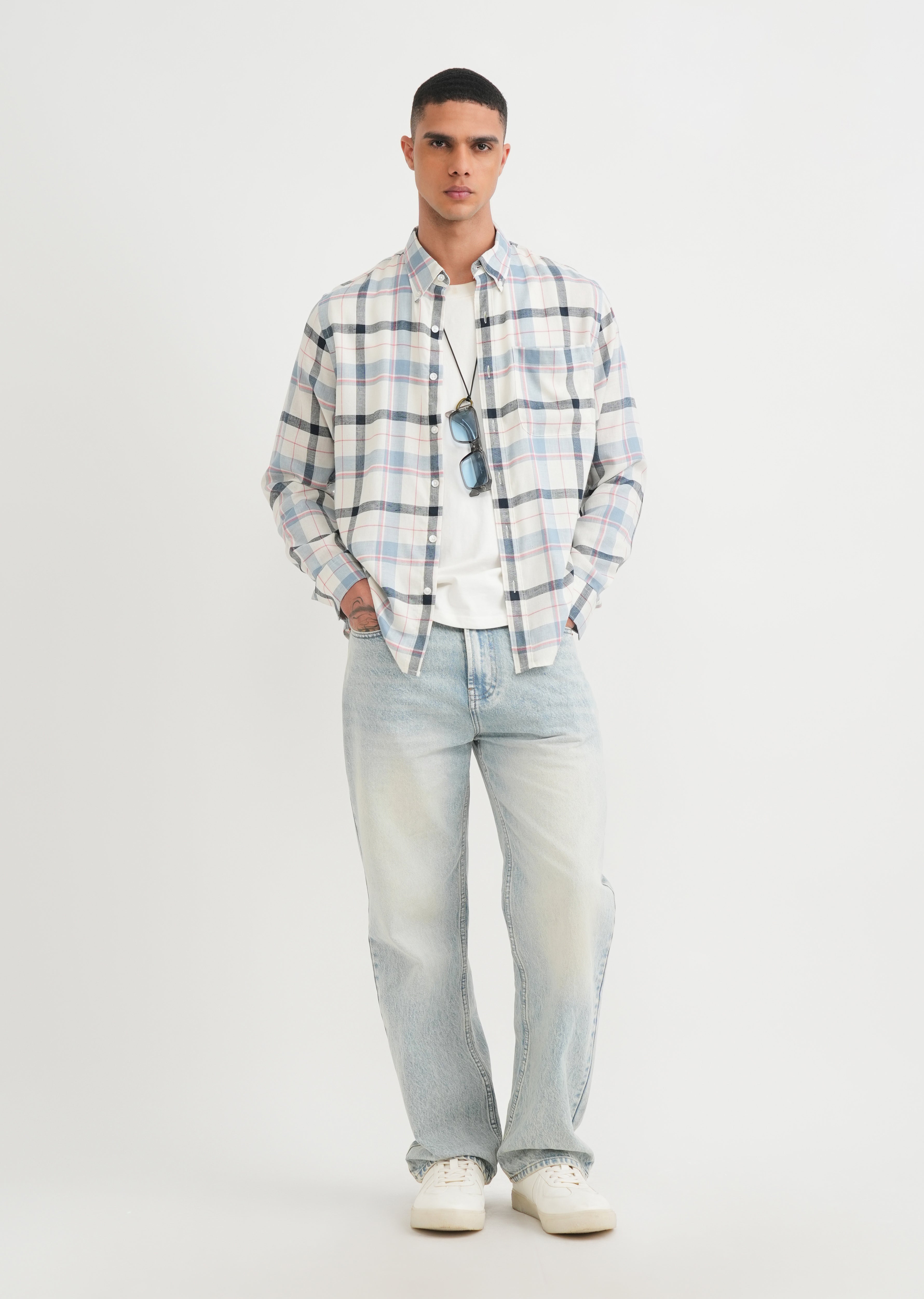 Steel Blue Lyocell Linen Check Shirt
