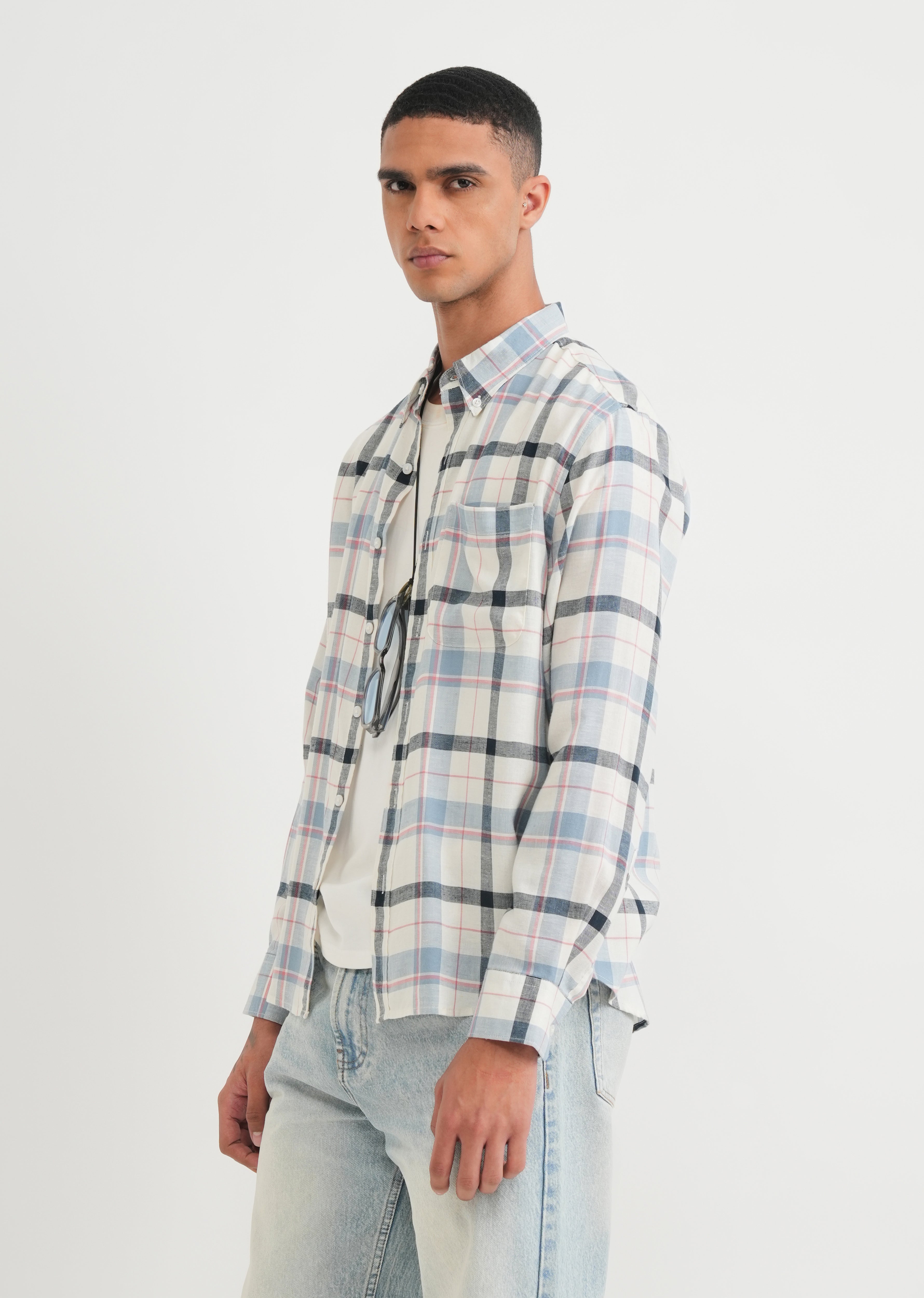 Steel Blue Lyocell Linen Check Shirt