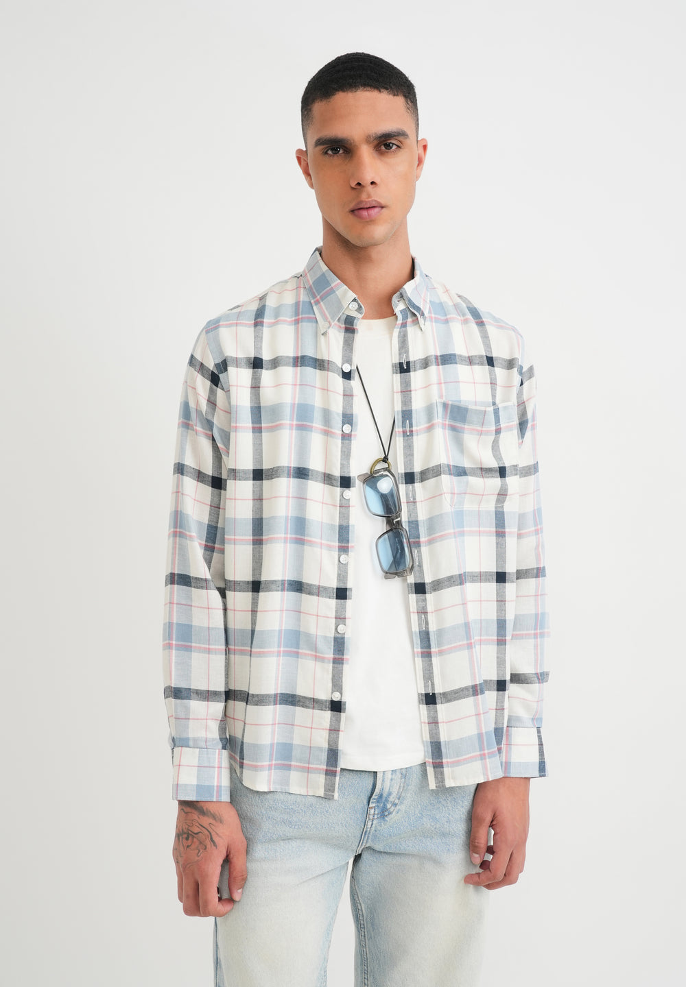 Steel Blue Lyocell Linen Check Shirt