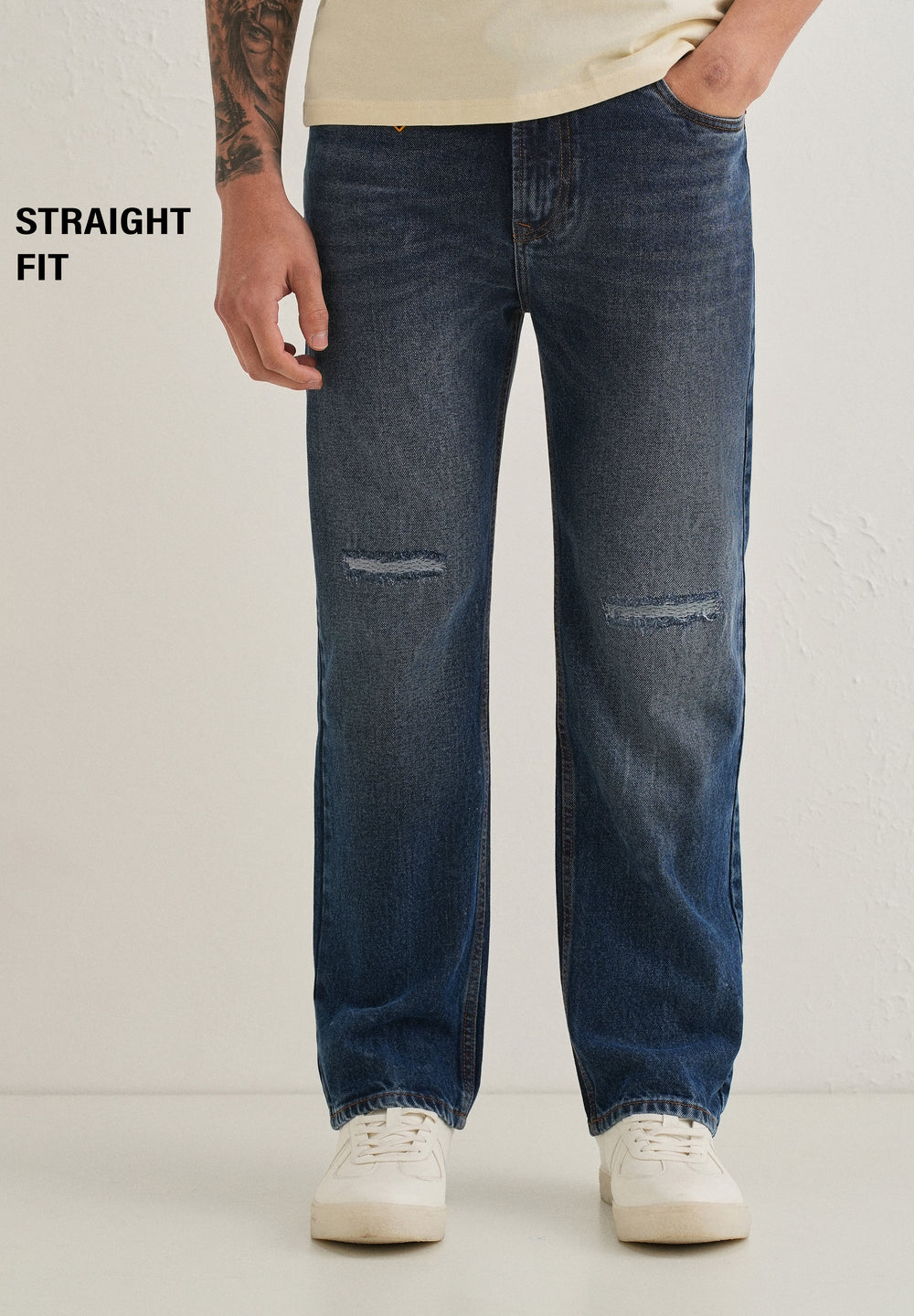Stone Blue Distressed Straight Jeans