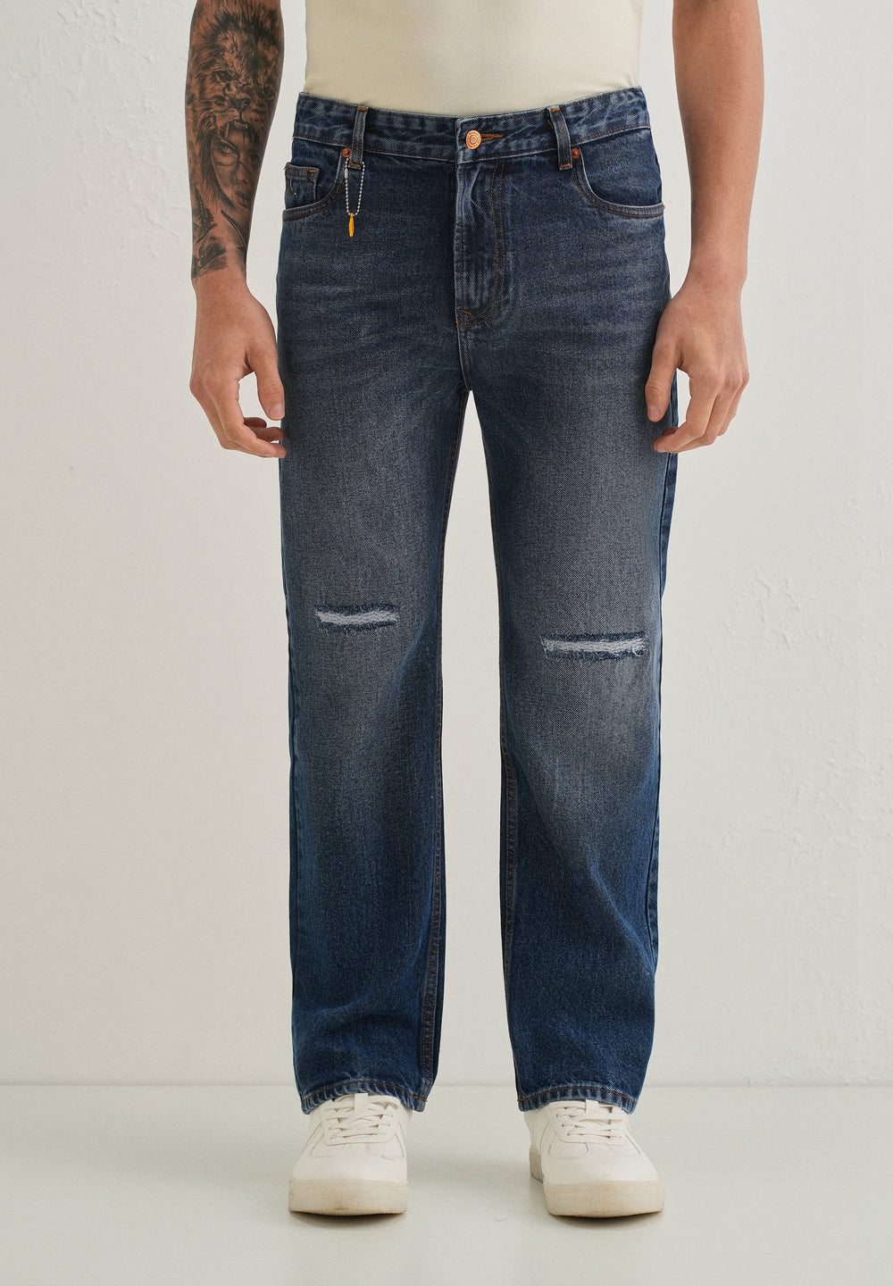 Stone Blue Distressed Straight Jeans
