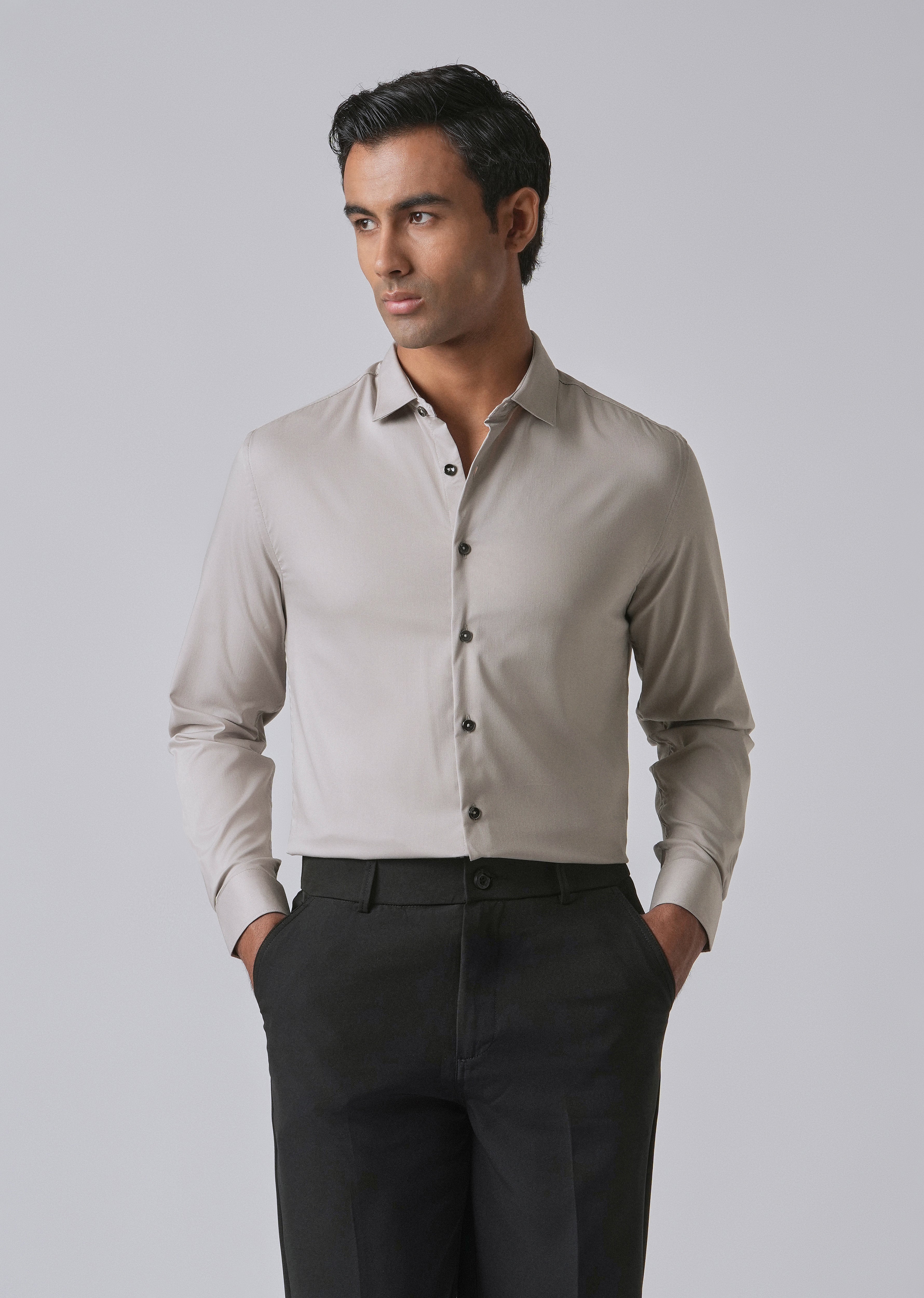 Stone Grey Cotton Stretch Plain Shirt