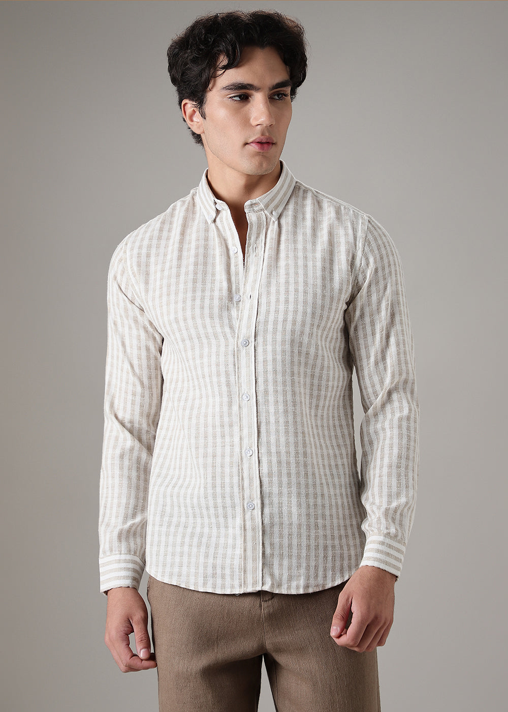 Striped Beige Blended Linen Shirt