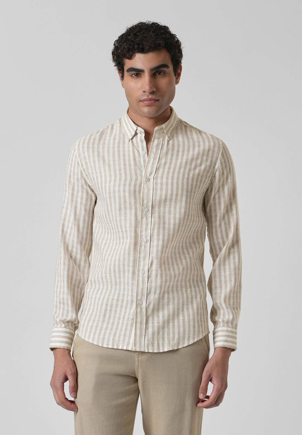 Striped Beige Blended Linen Shirt