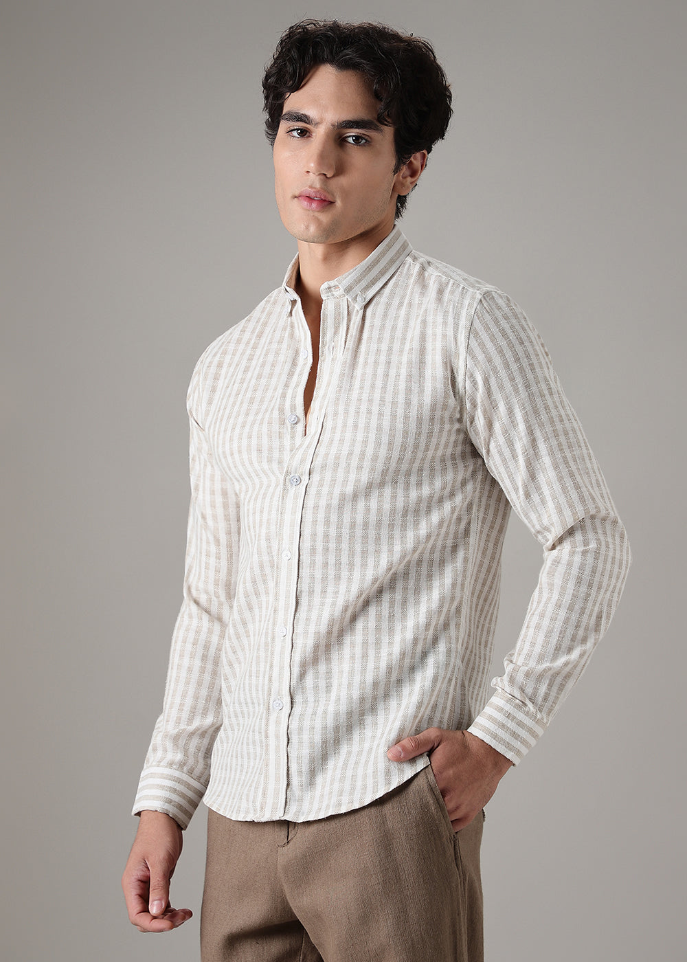 Striped Beige Blended Linen Shirt