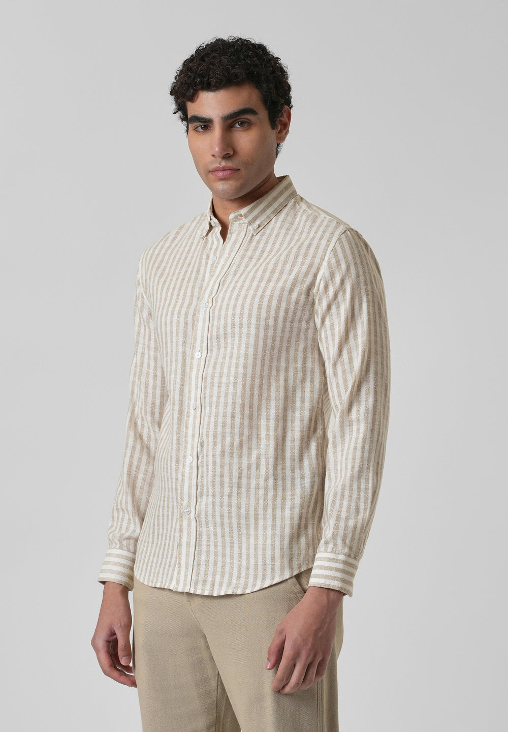 Striped Beige Blended Linen Shirt