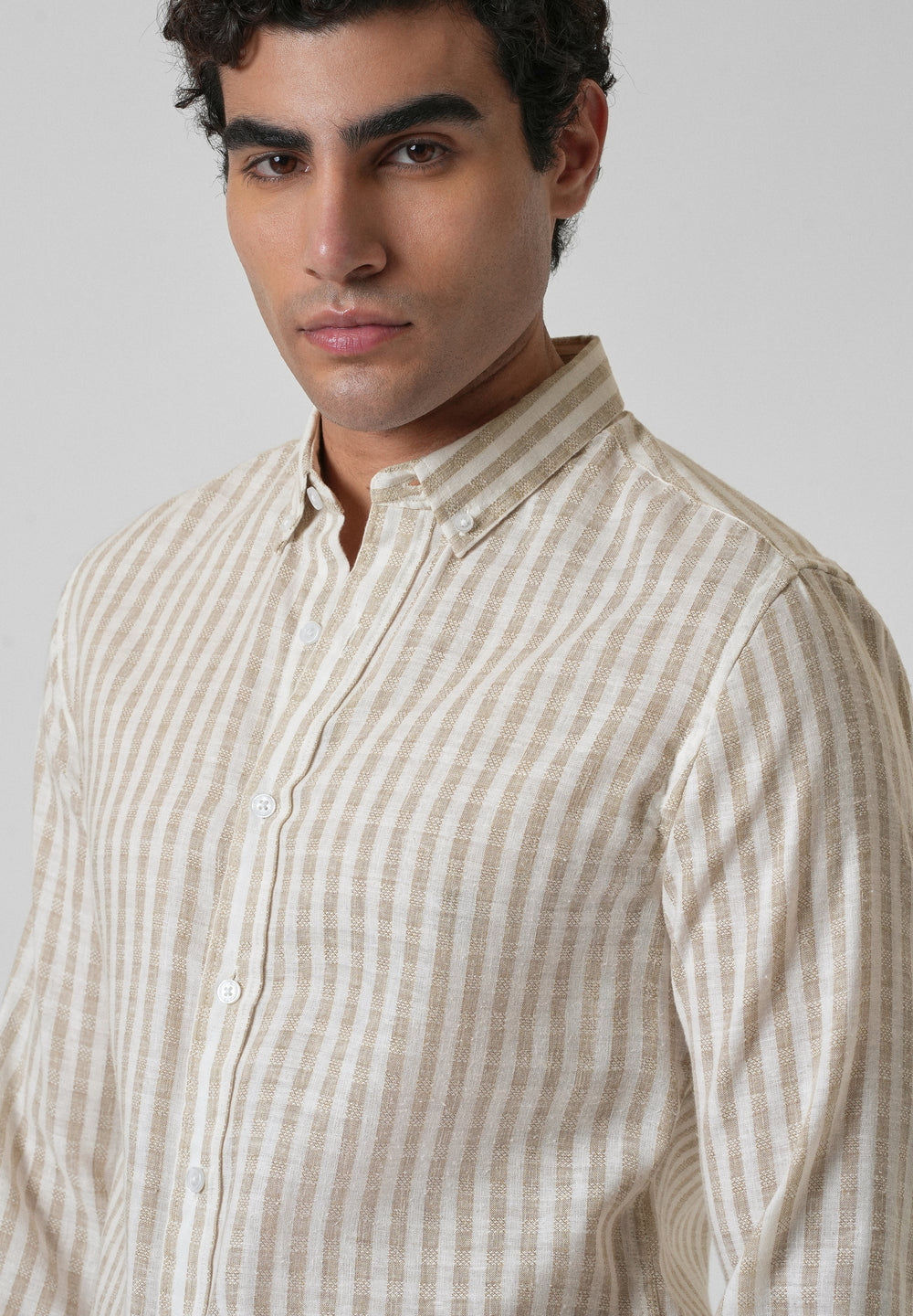 Striped Beige Blended Linen Shirt