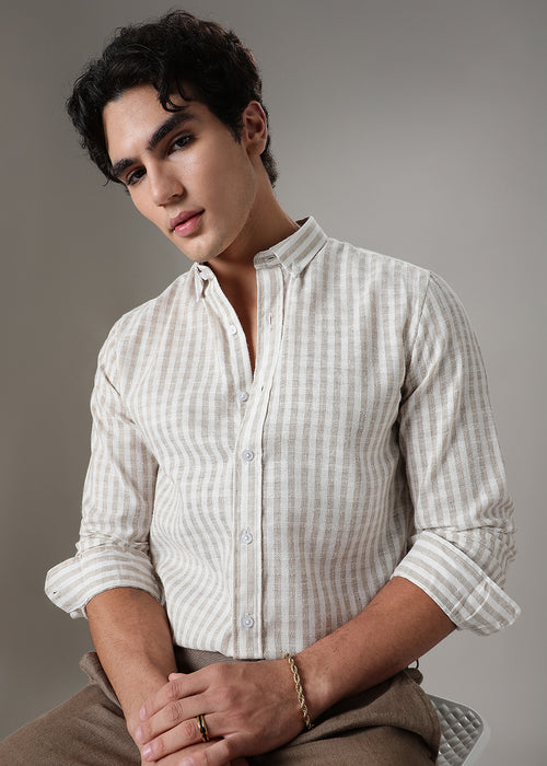 Striped Beige Blended Linen Shirt