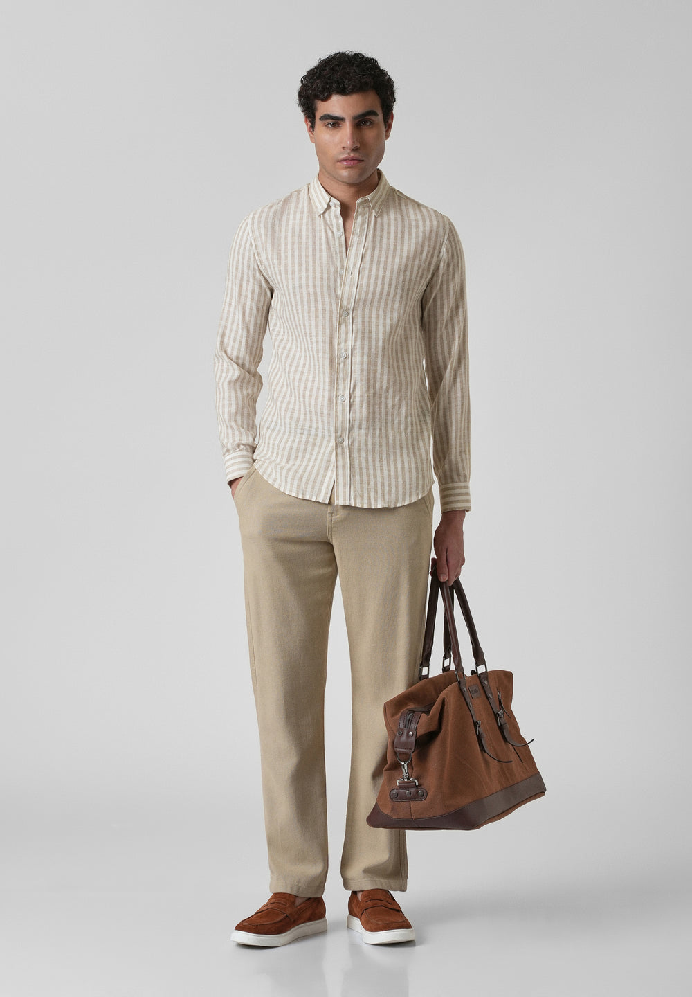 Striped Beige Blended Linen Shirt