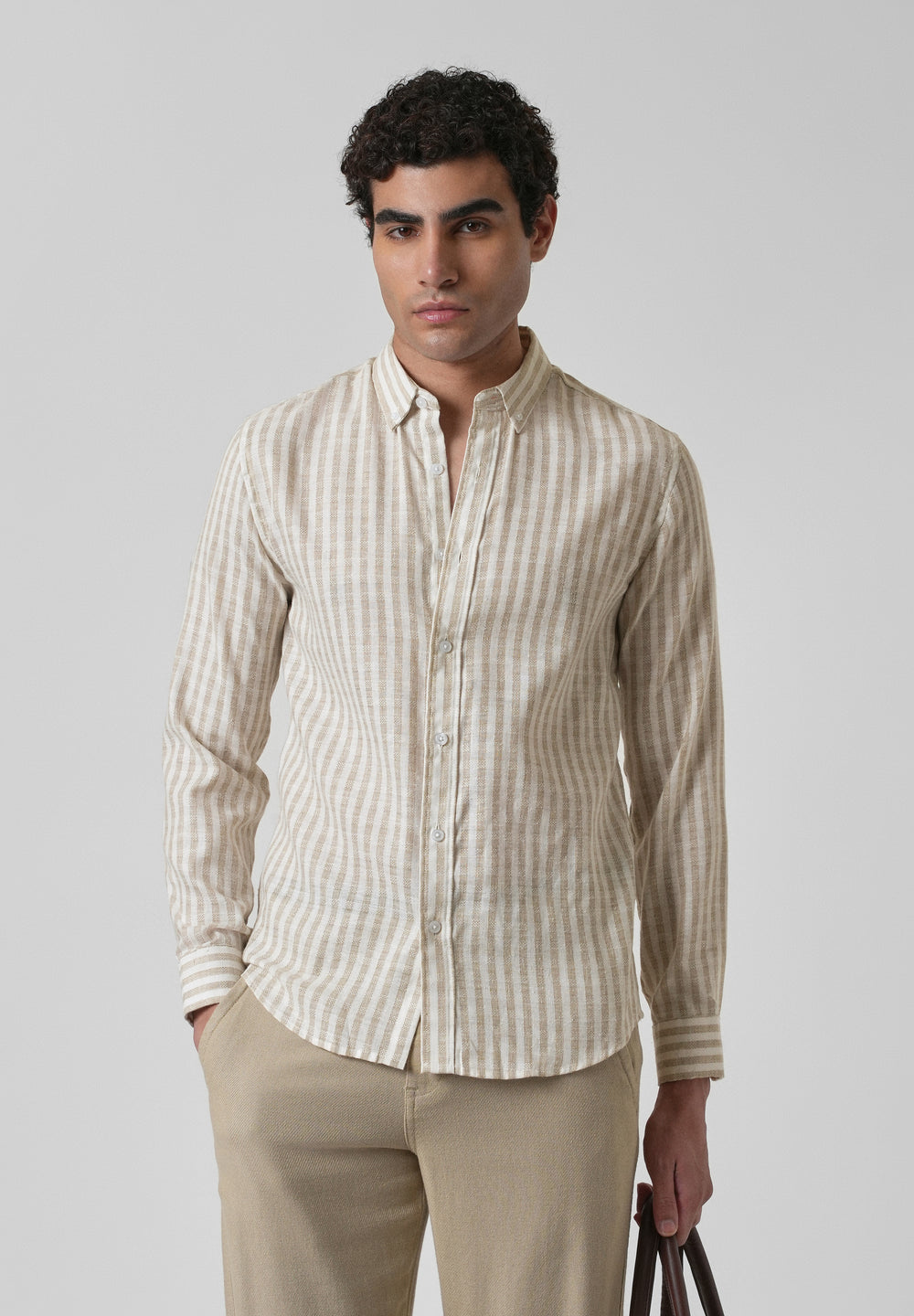 Striped Beige Blended Linen Shirt