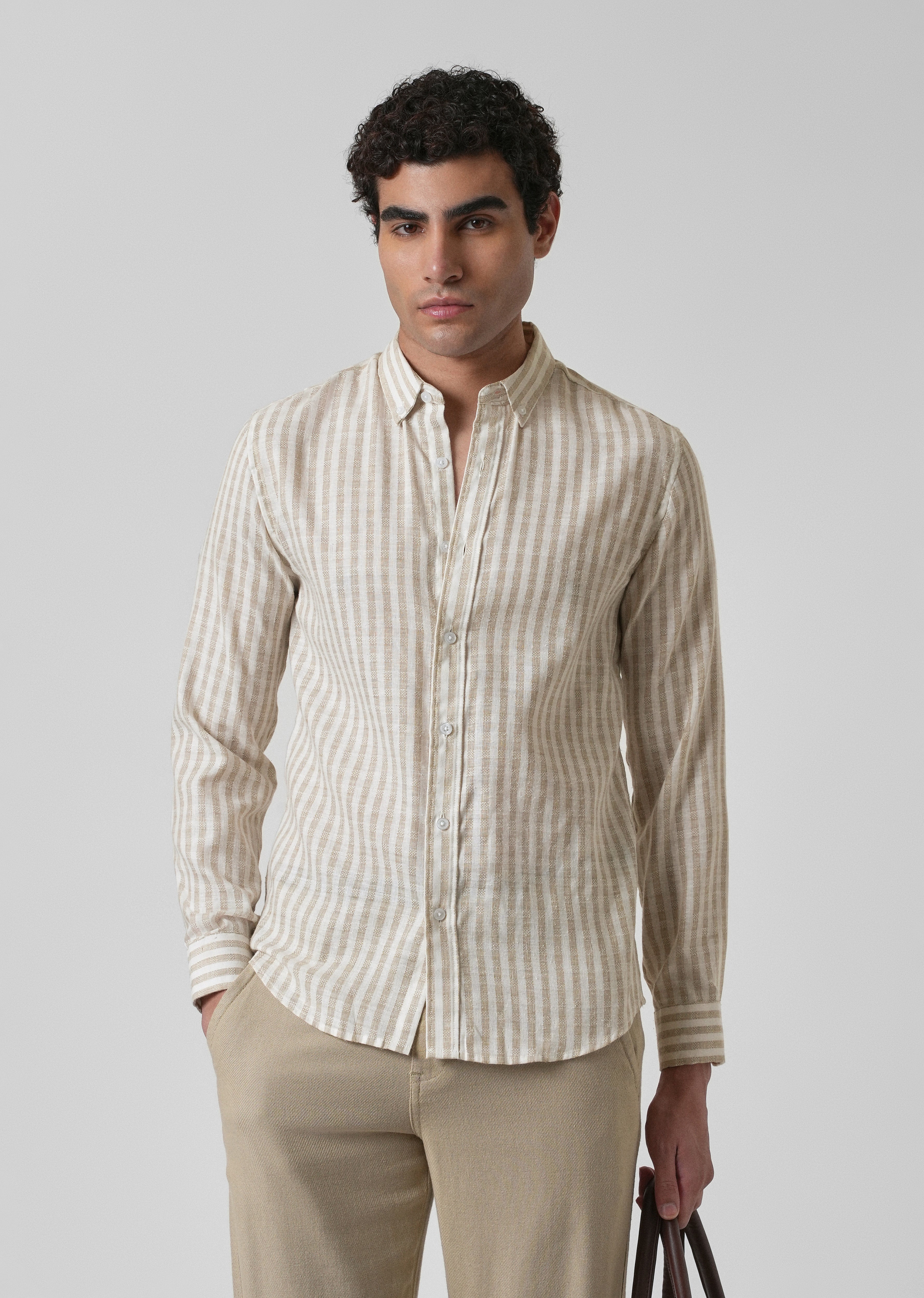 Striped Beige Blended Linen Shirt
