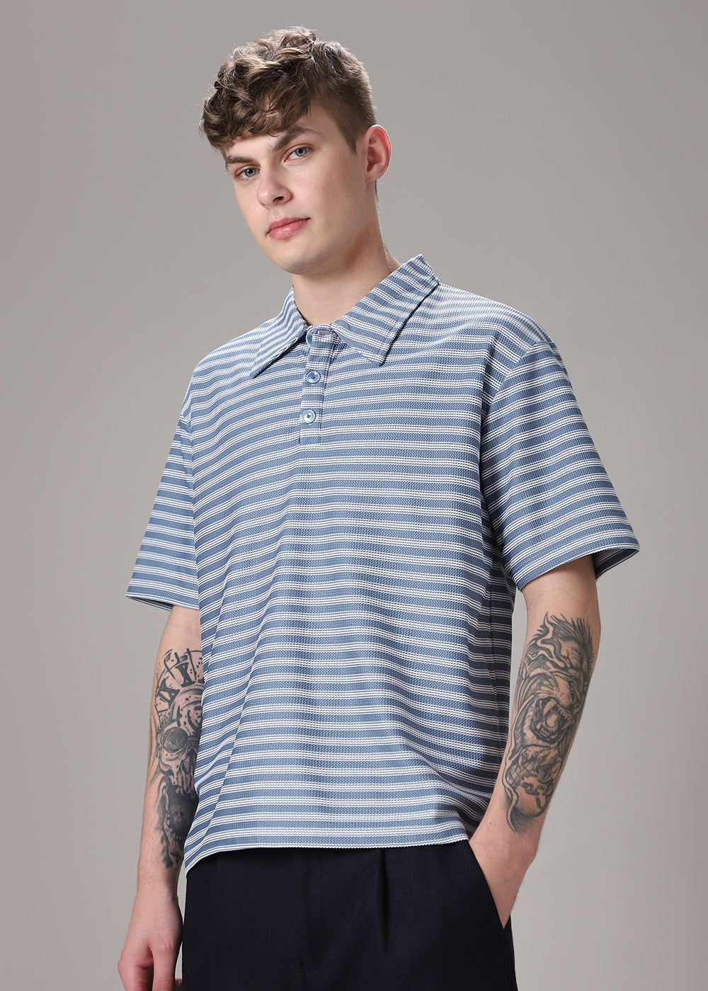 Striped Blue Oversized Polo  T-shirt