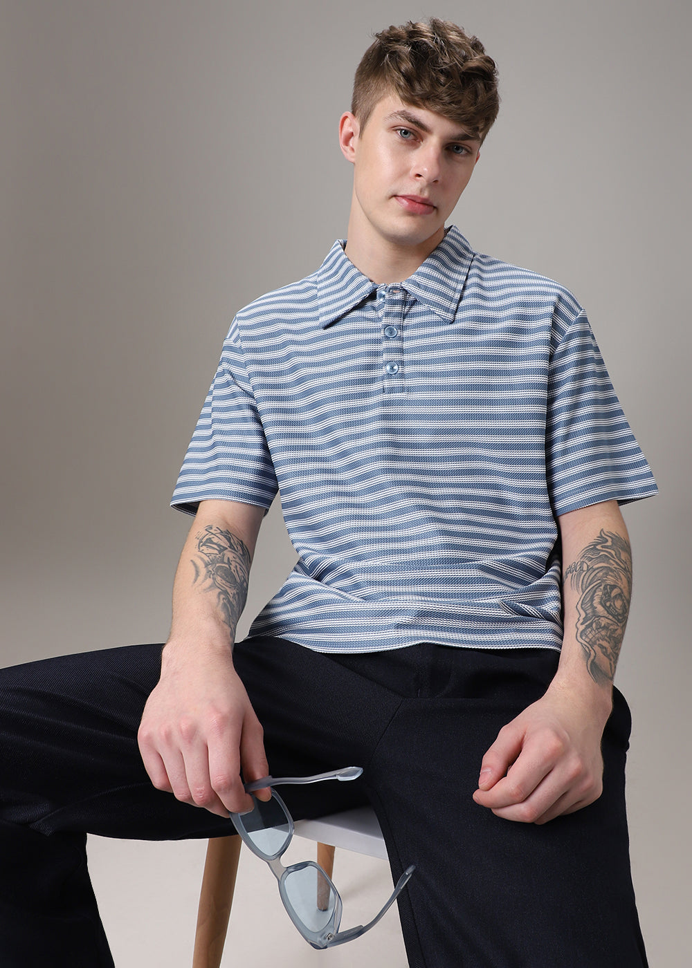 Striped Blue Oversized Polo  T-shirt