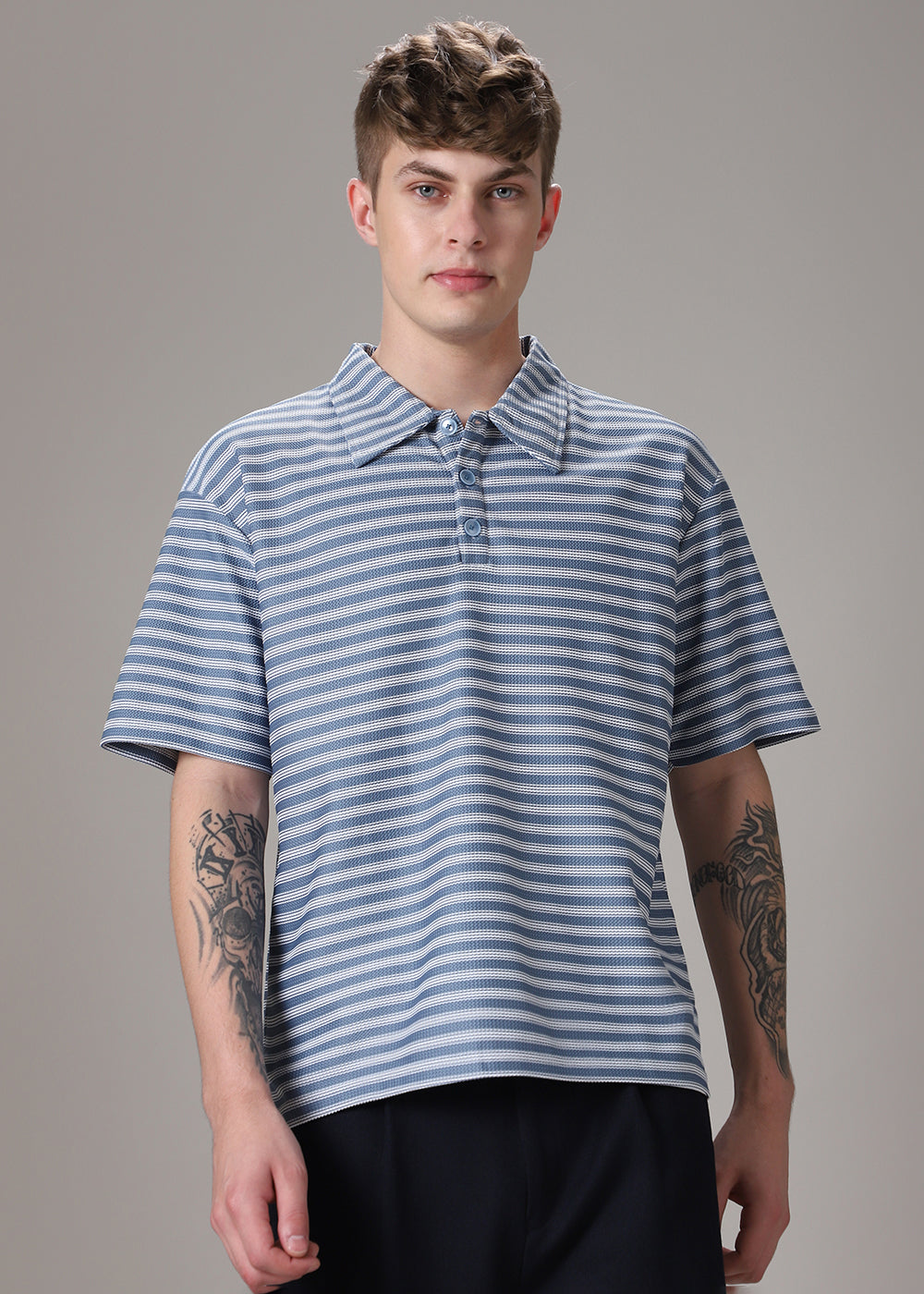 Striped Blue Oversized Polo  T-shirt