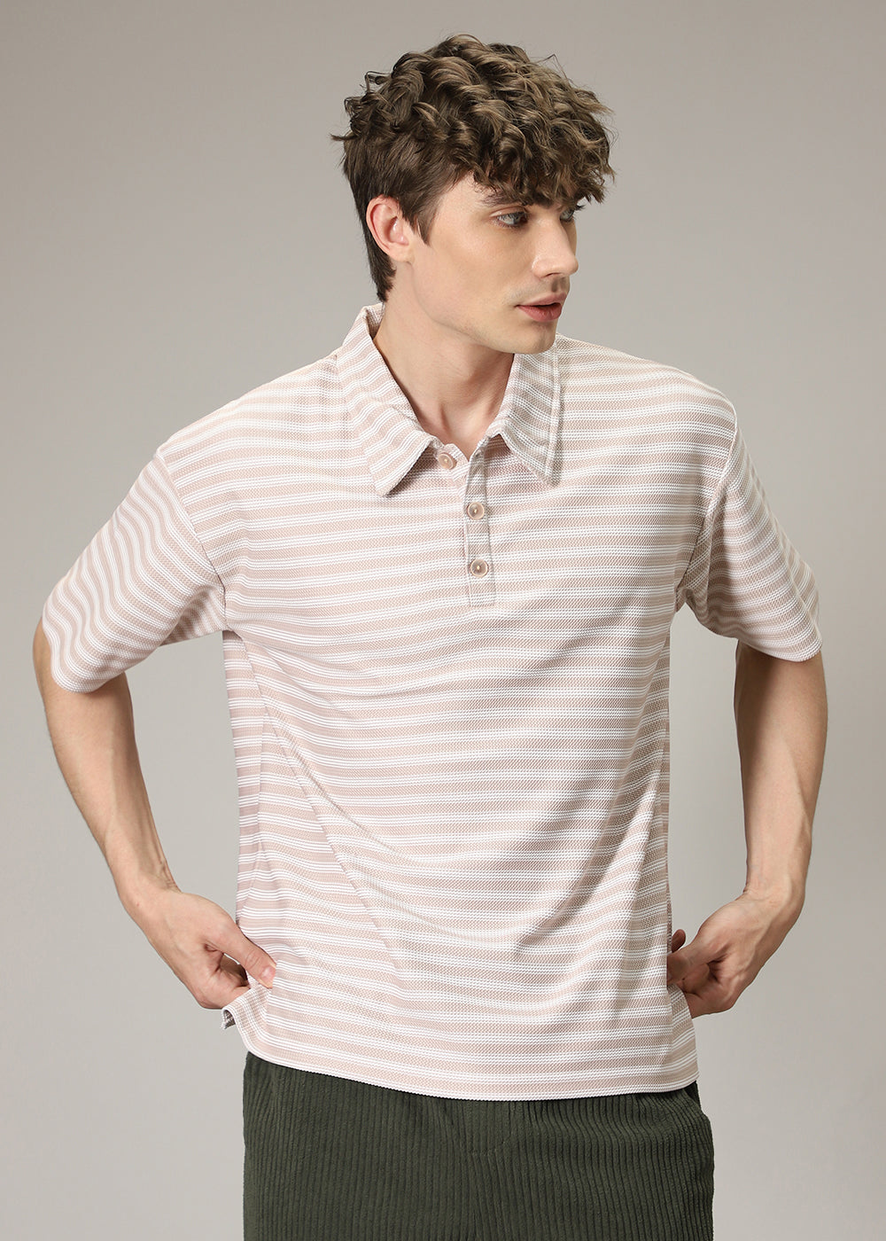 Striped Cream Oversized Polo  T-shirt