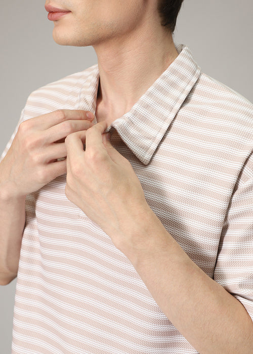 Striped Cream Oversized Polo  T-shirt