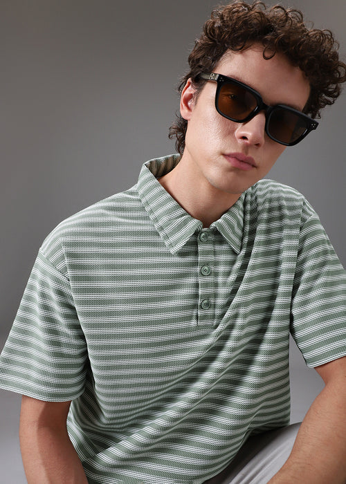 Striped Green Oversized Polo  T-shirt