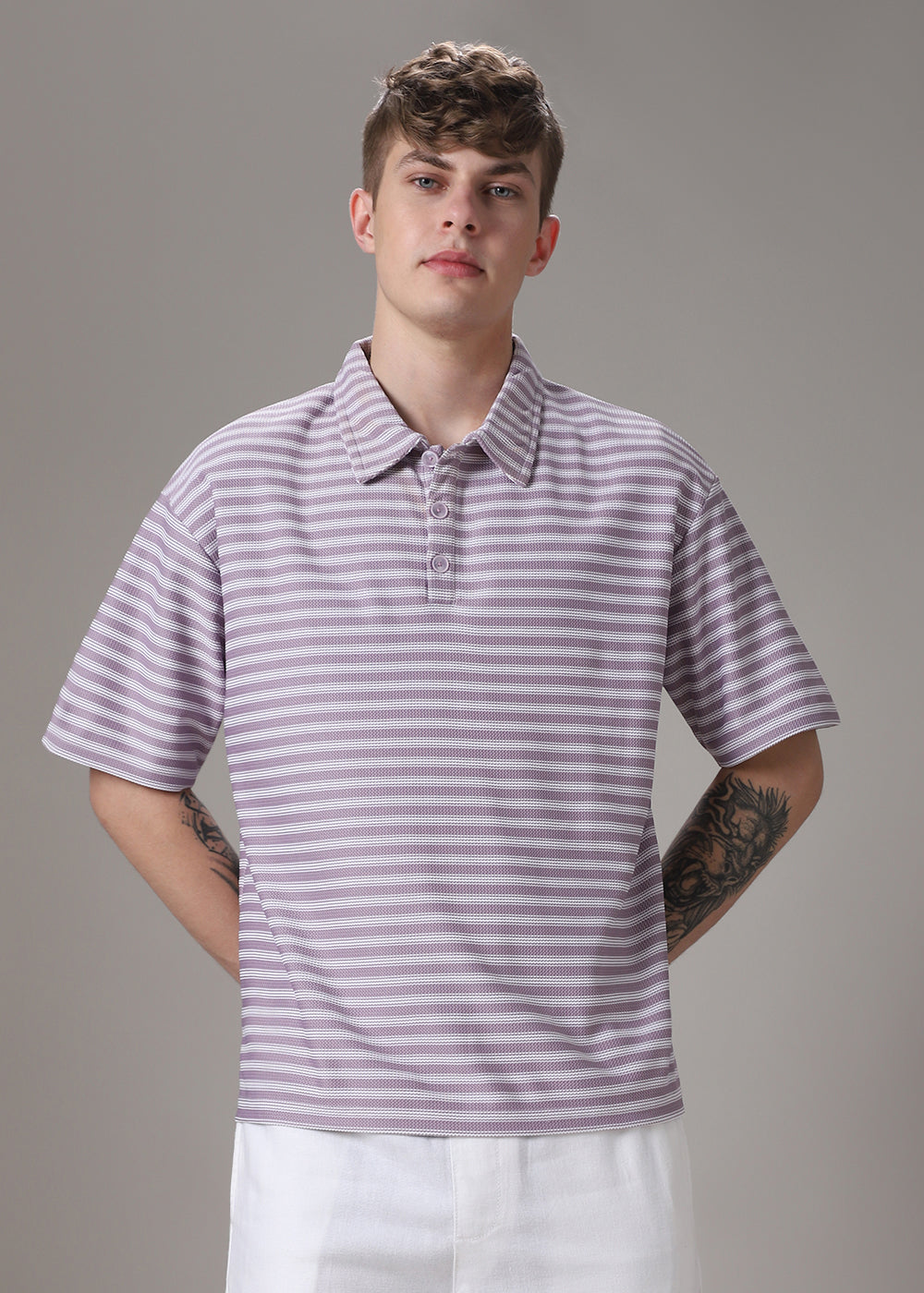 Striped Lavender Oversized Polo  T-shirt