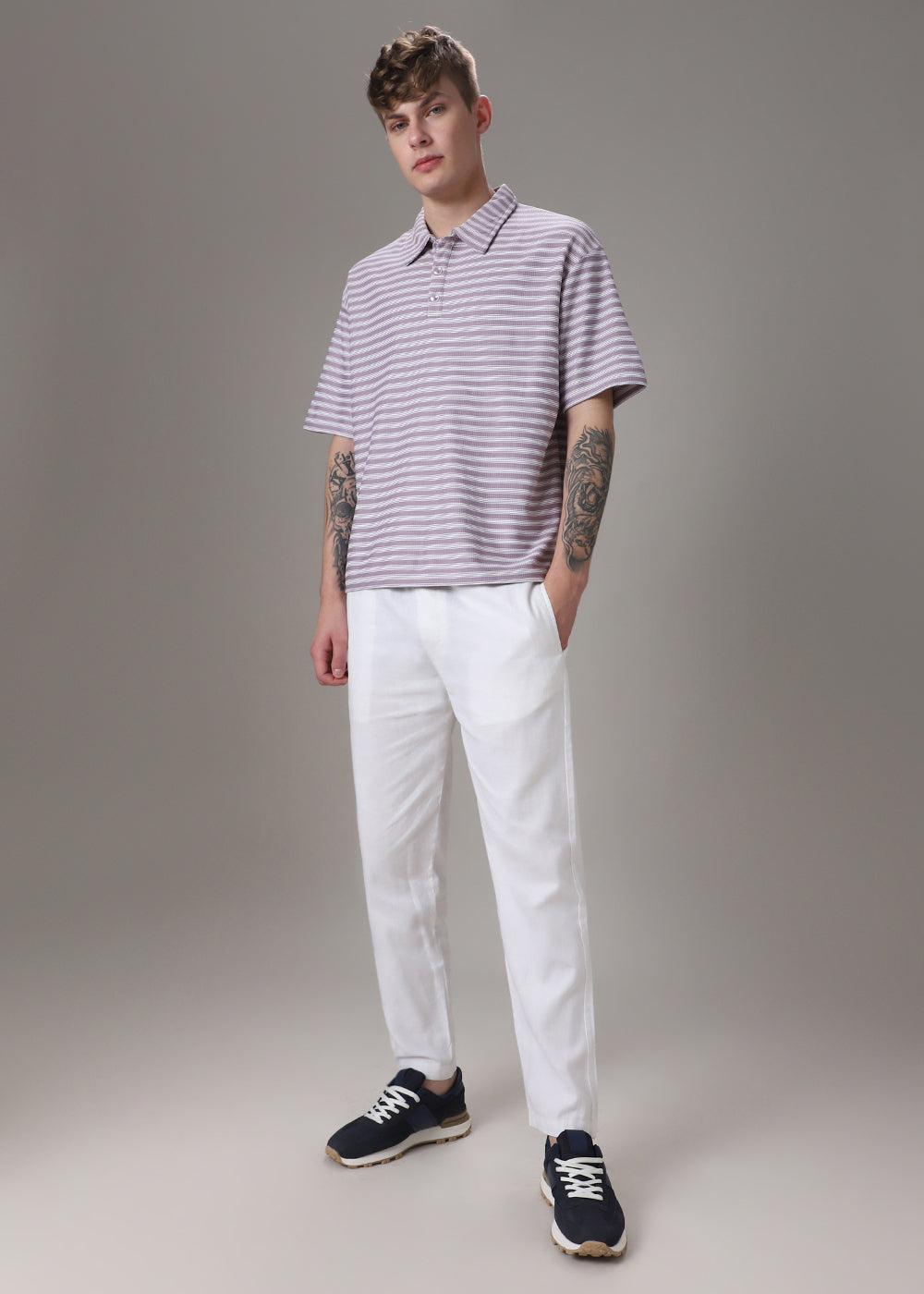 Striped Lavender Oversized Polo  T-shirt