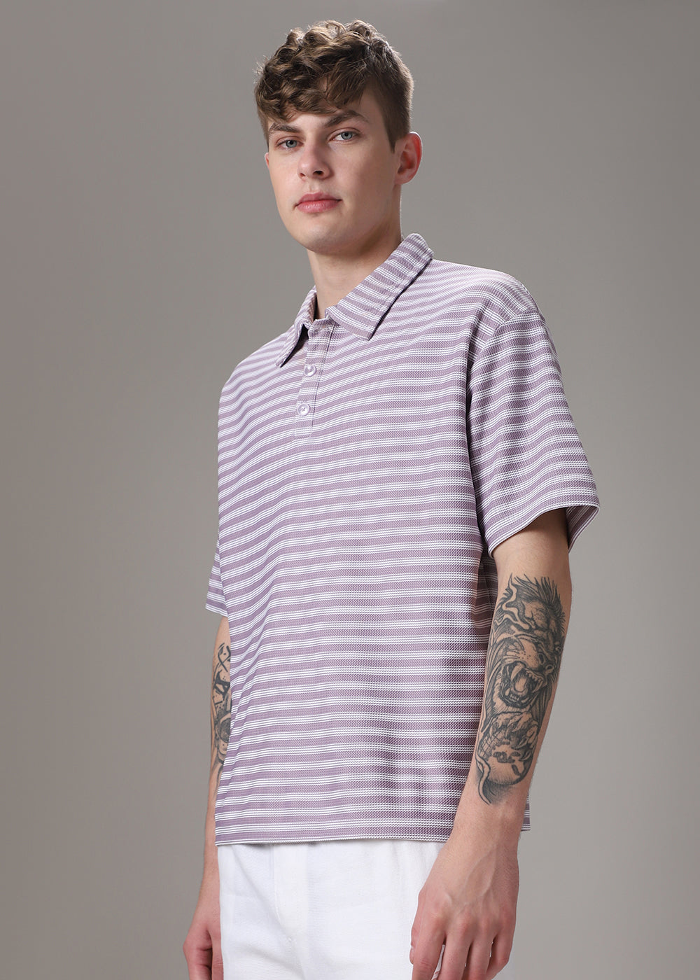 Striped Lavender Oversized Polo  T-shirt