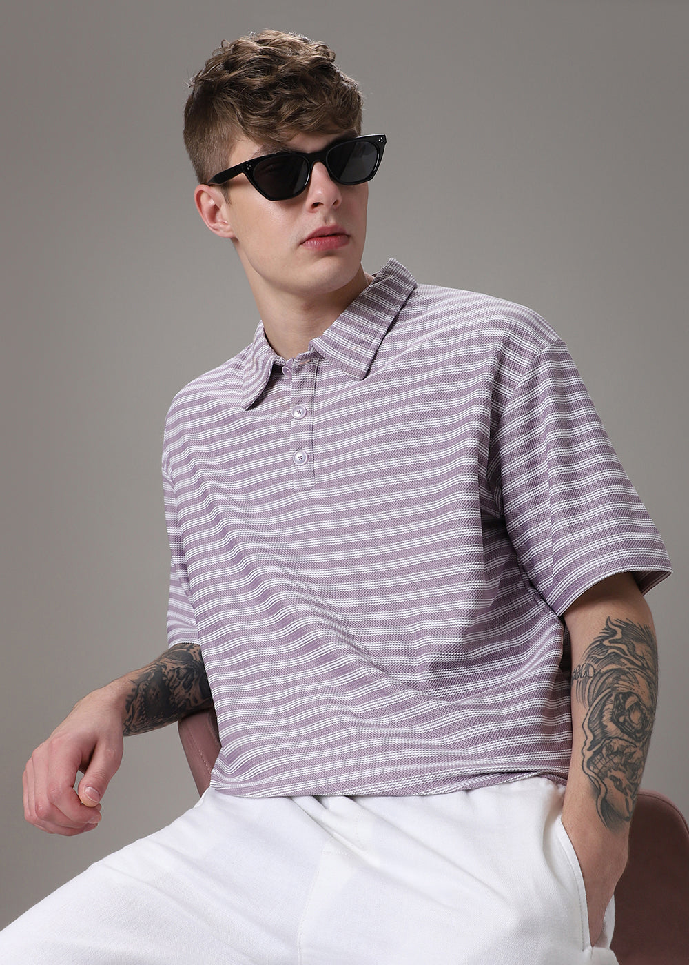 Striped Lavender Oversized Polo  T-shirt