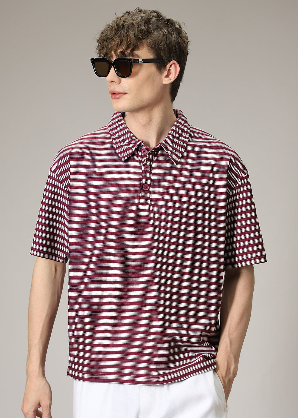 Striped Maroon Oversized Polo  T-shirt