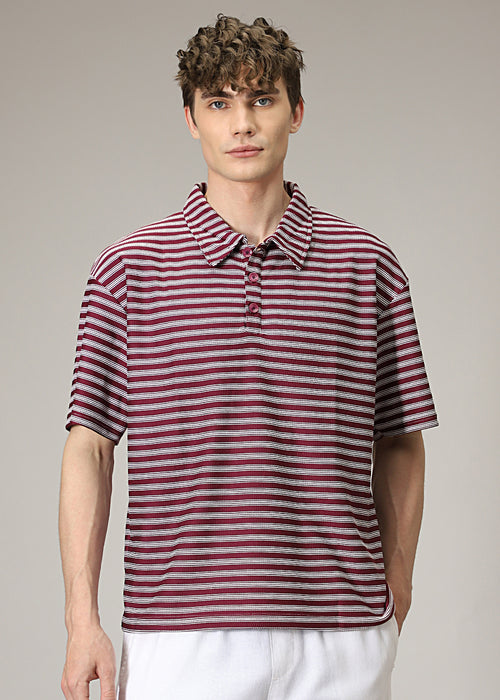 Striped Maroon Oversized Polo  T-shirt