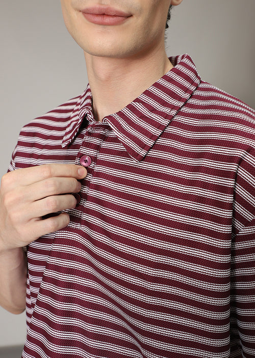 Striped Maroon Oversized Polo  T-shirt