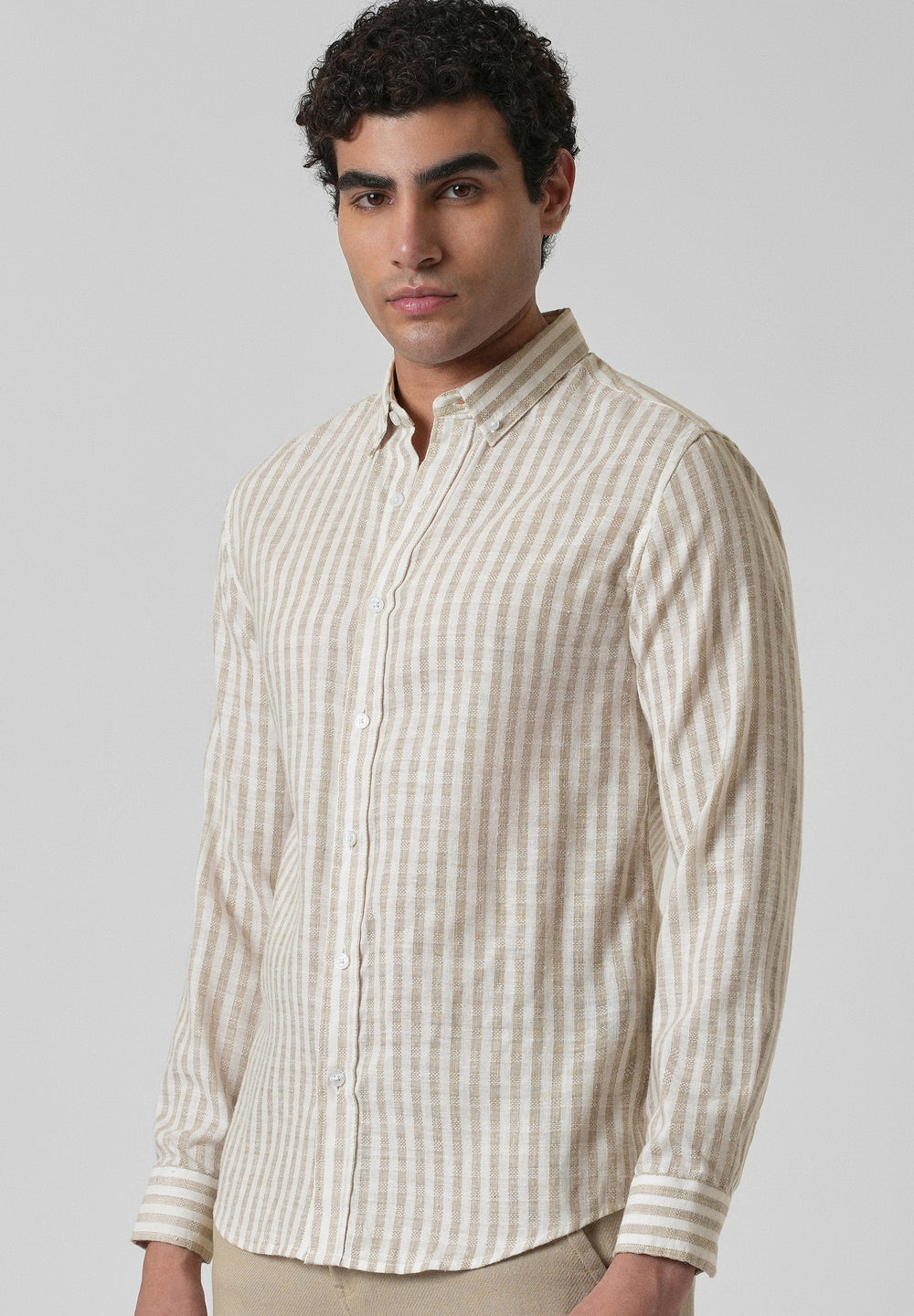 Striped Beige Blended Linen Shirt