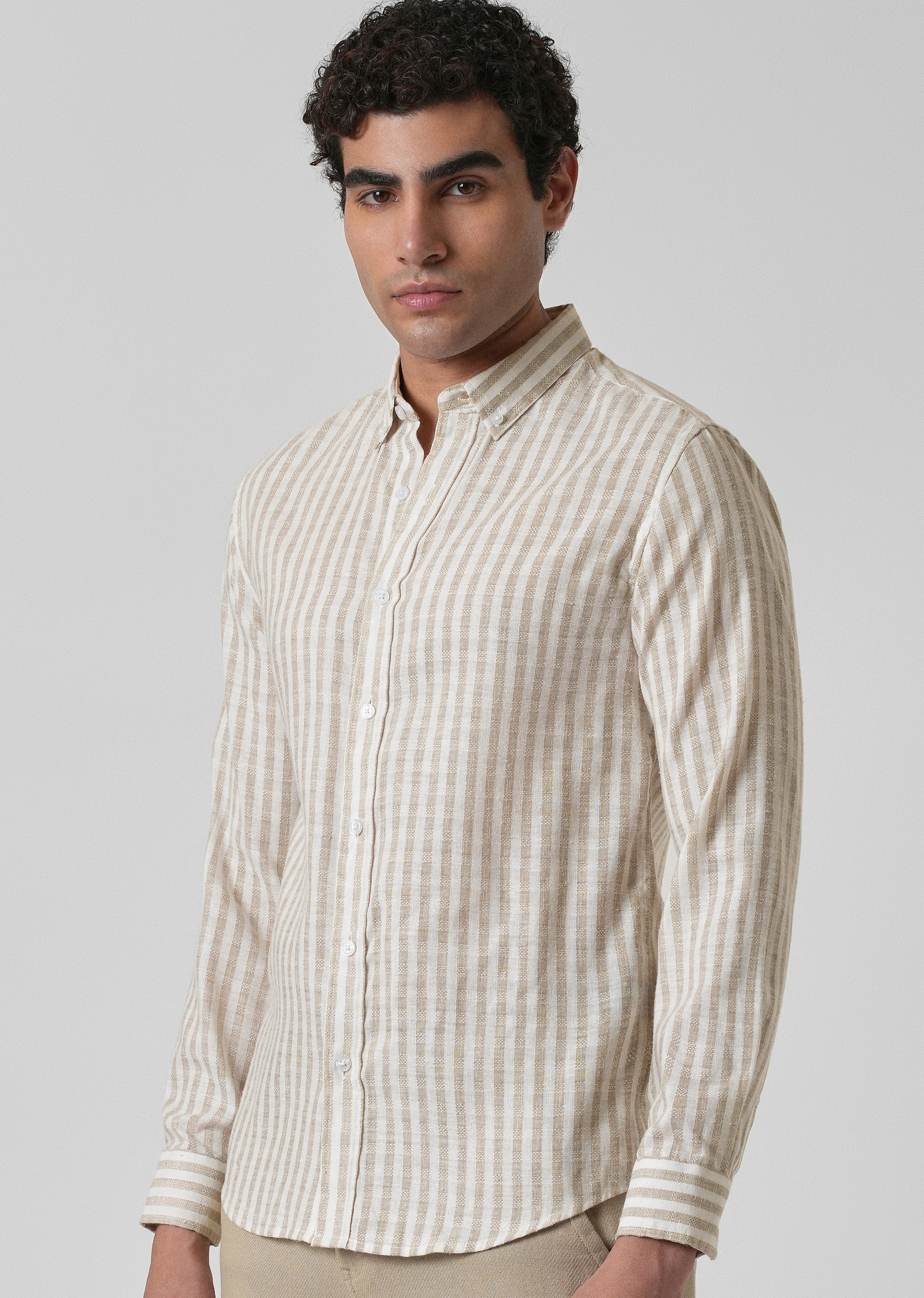 Striped Beige Blended Linen Shirt