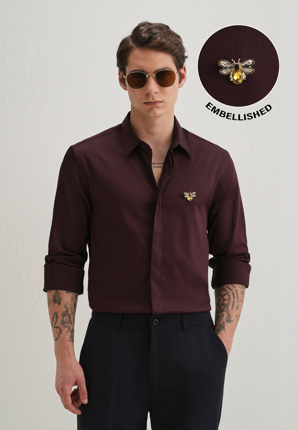 Stud Bee Embellished Wine Designer Shirt