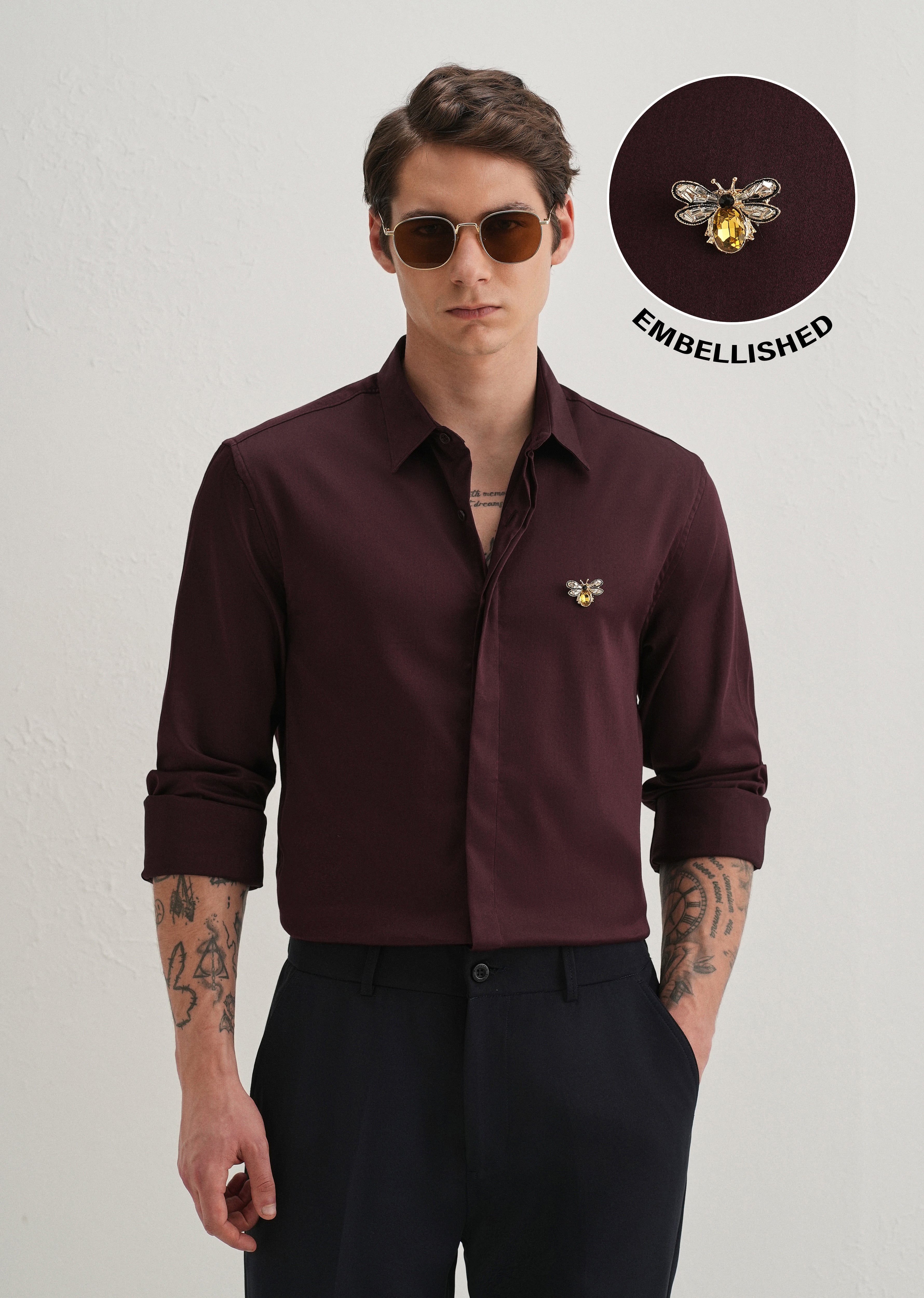 Stud Bee Embellished Wine Designer Shirt