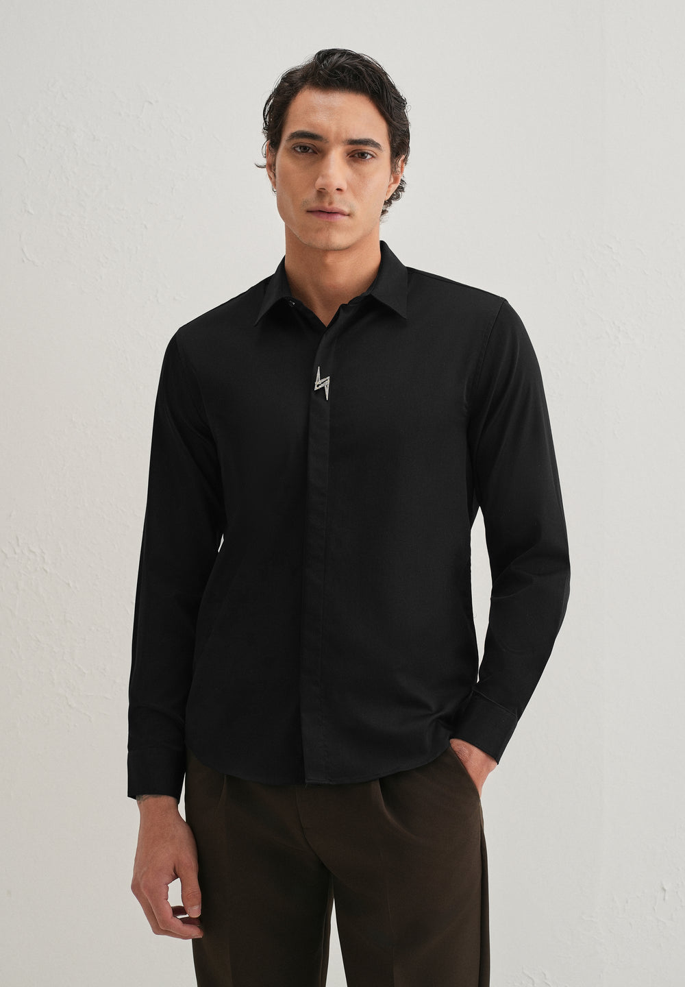 Studded Flash Brooch Black Designer Shirt