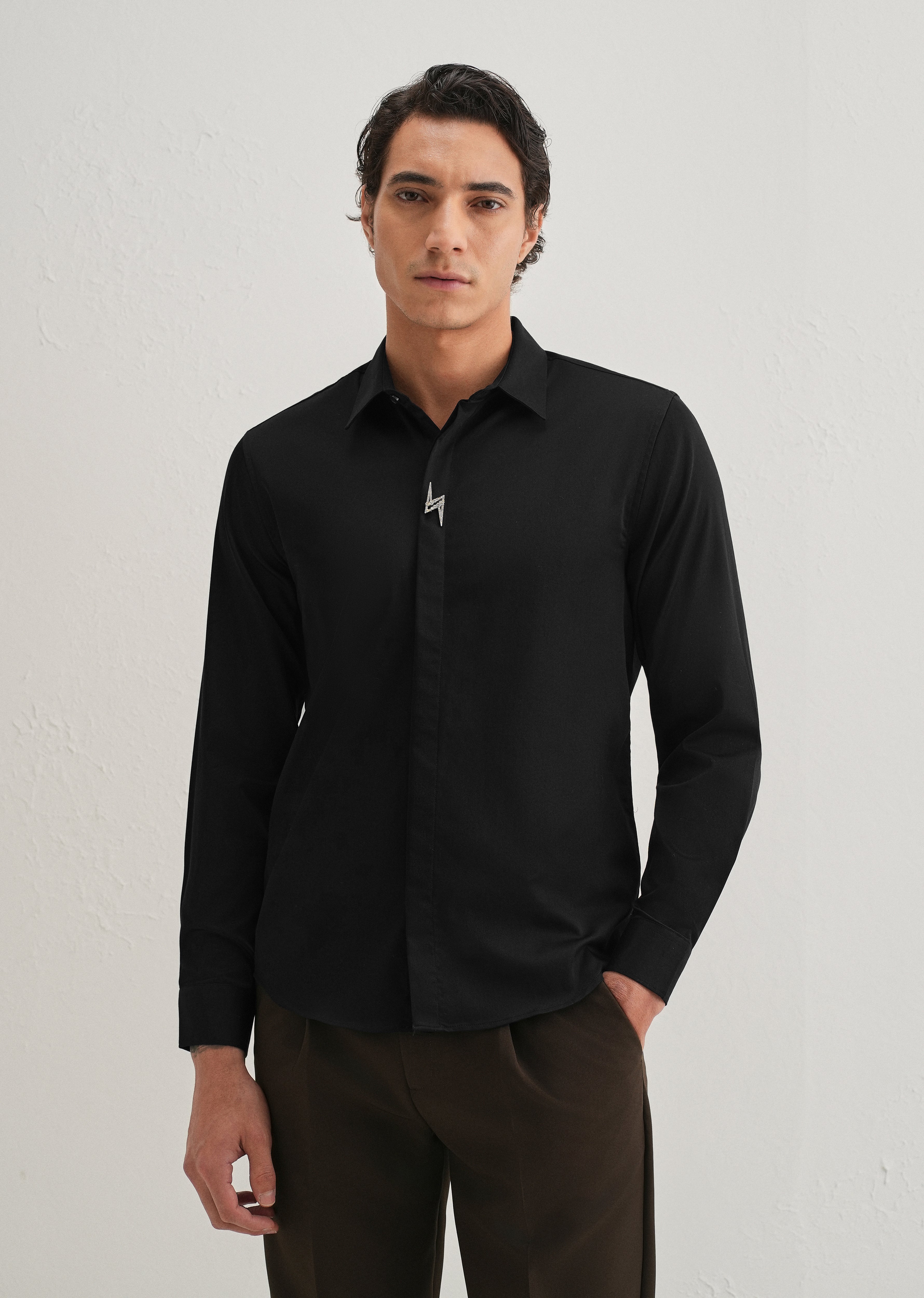 Studded Flash Brooch Black Designer Shirt