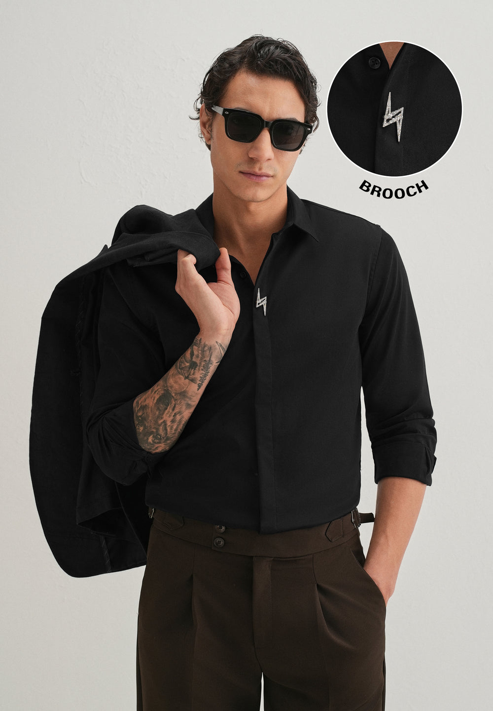 Studded Flash Brooch Black Designer Shirt