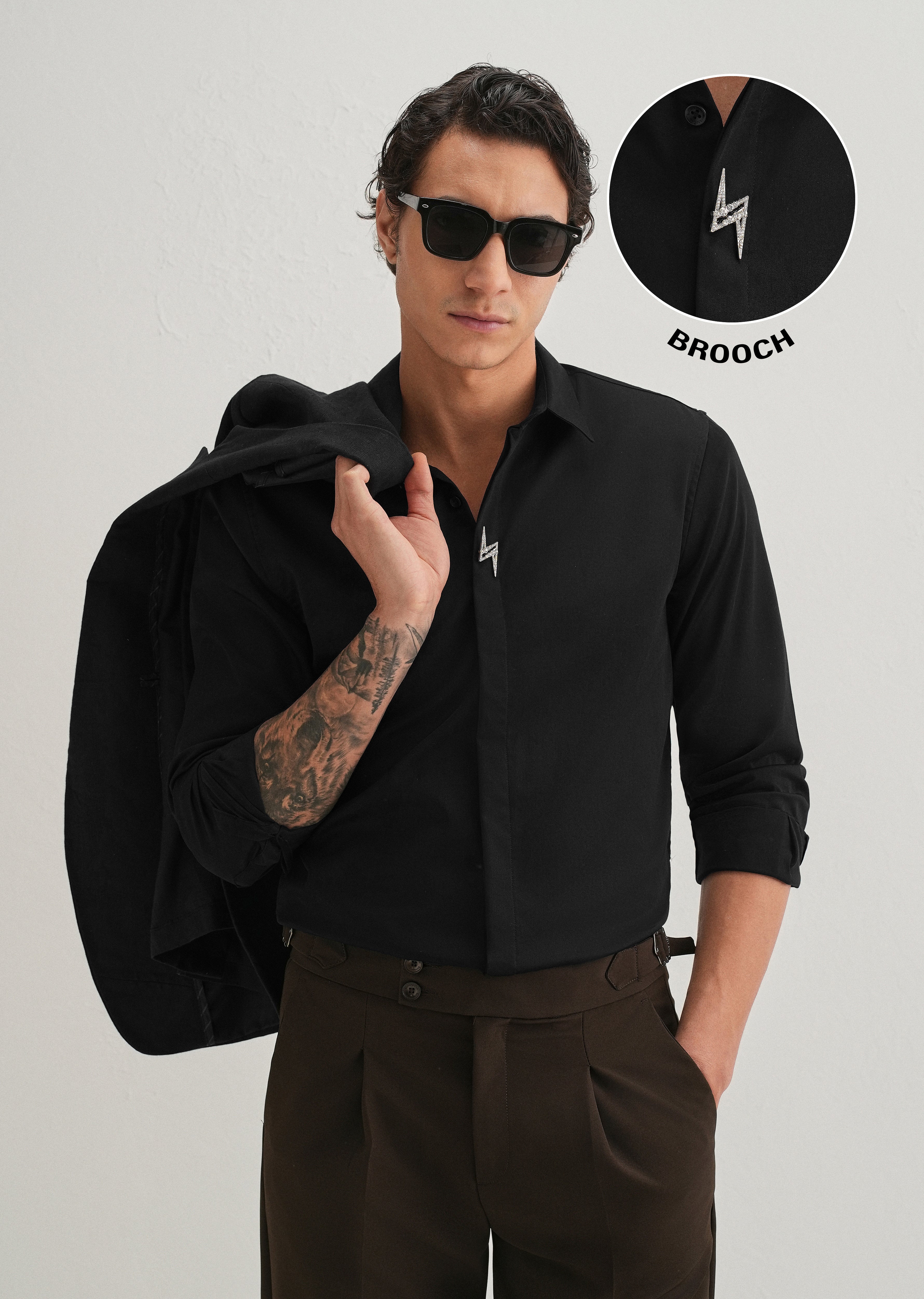 Studded Flash Brooch Black Designer Shirt