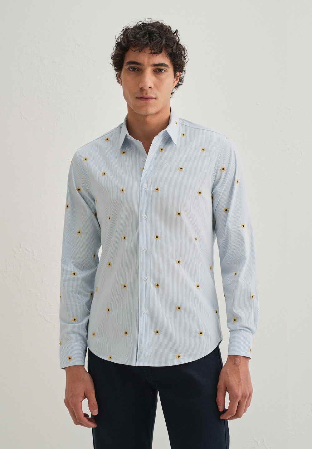 Sunflower Embroidery Light Blue Stripe Shirt