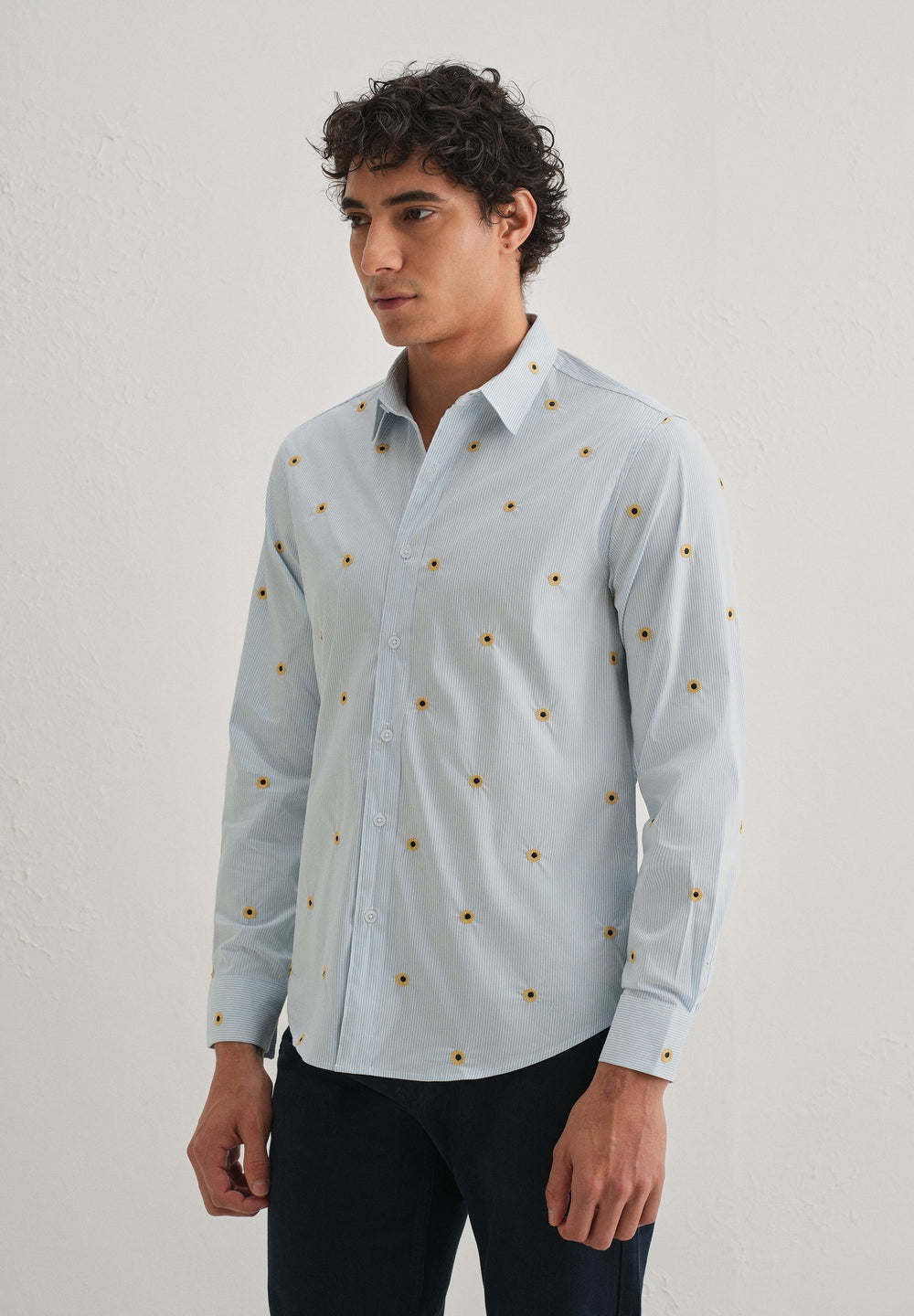 Sunflower Embroidery Light Blue Stripe Shirt