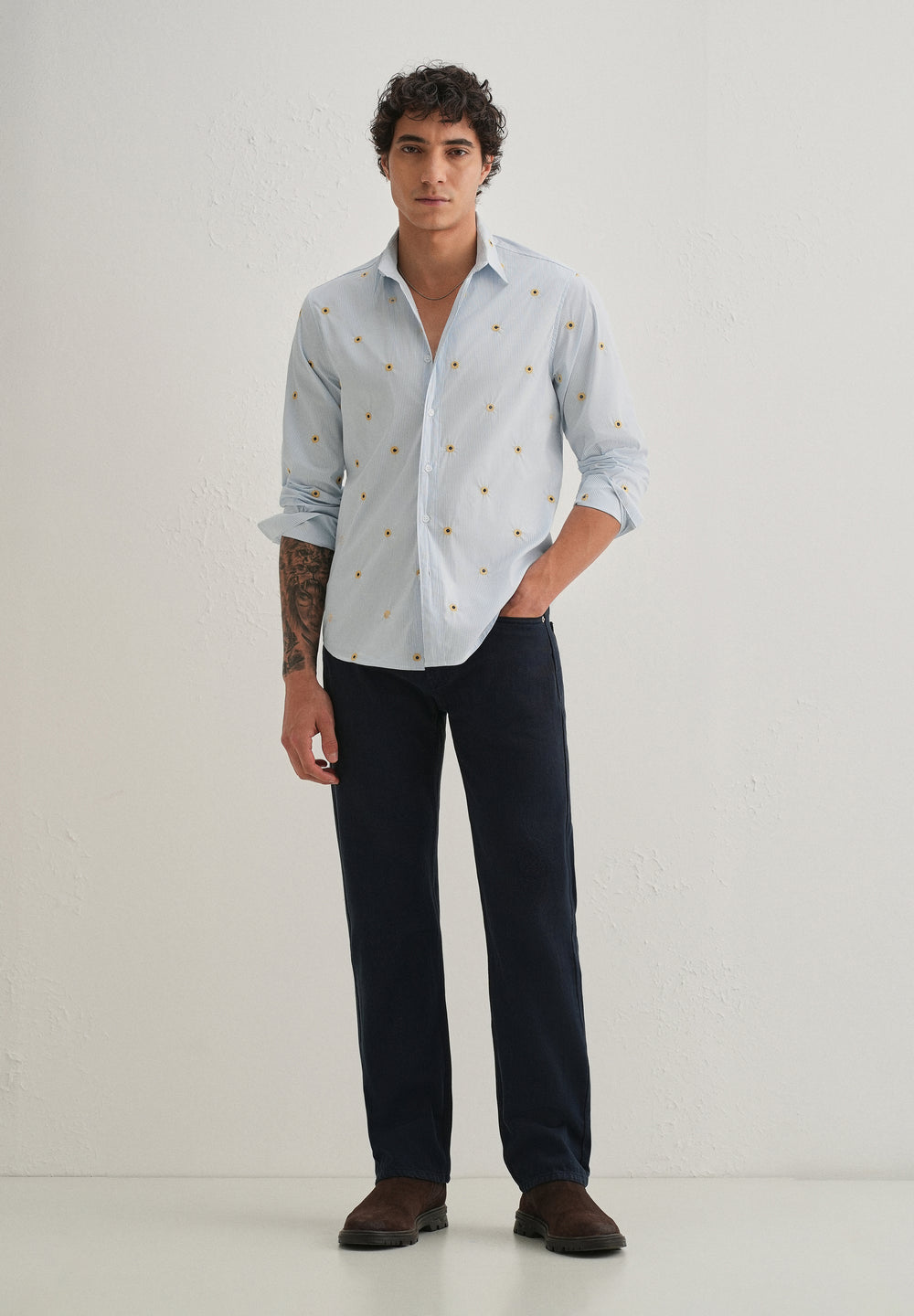 Sunflower Embroidery Light Blue Stripe Shirt