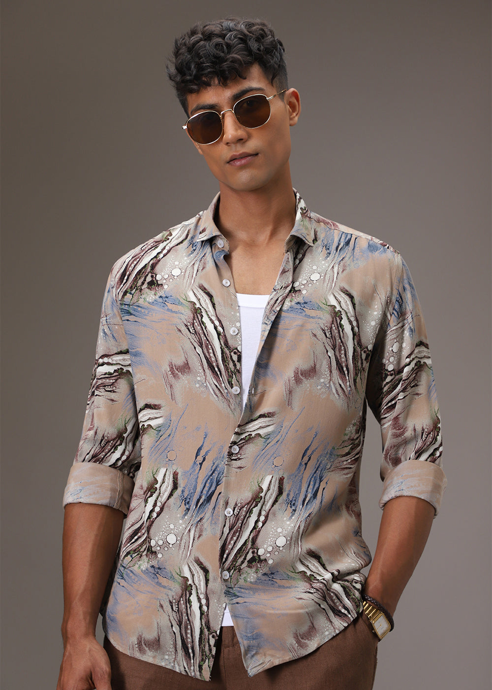 Tan Abstract Feather Shirt