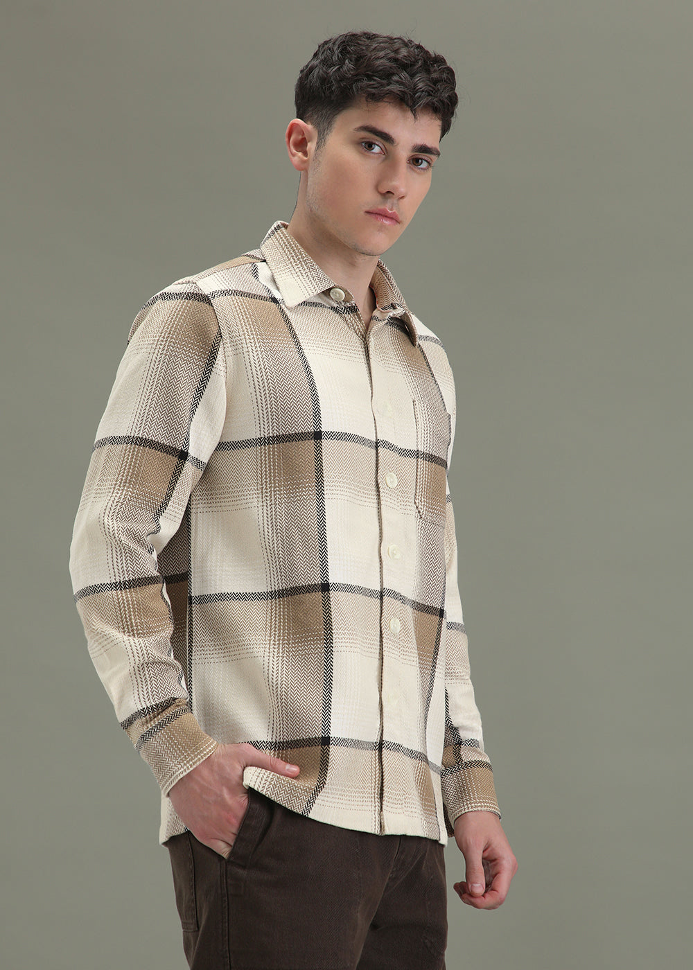 Tan Beige Checked Overshirt