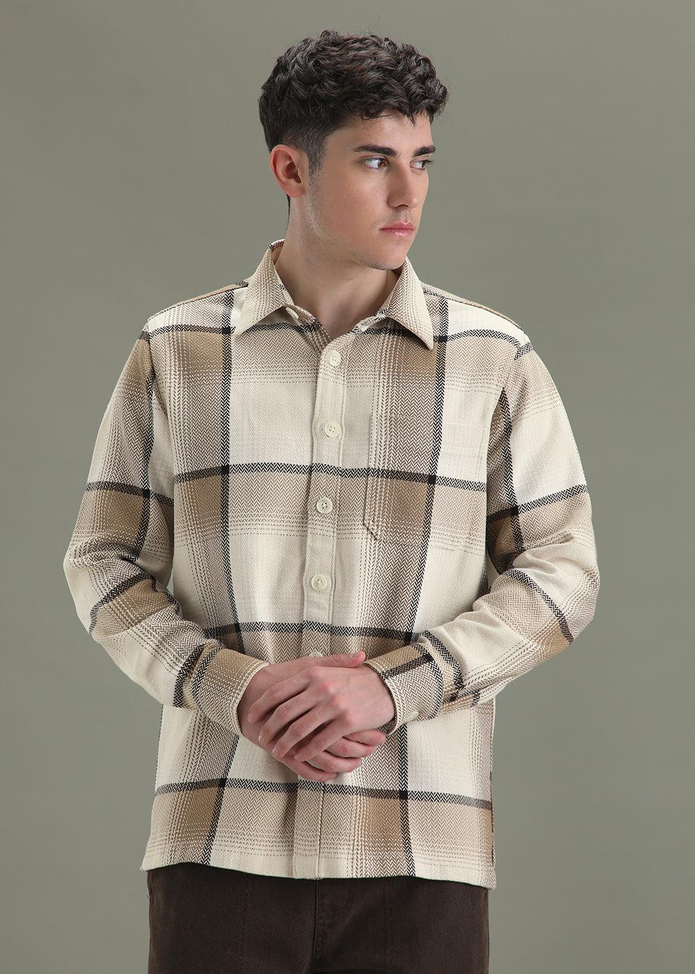 Tan Beige Checked Overshirt