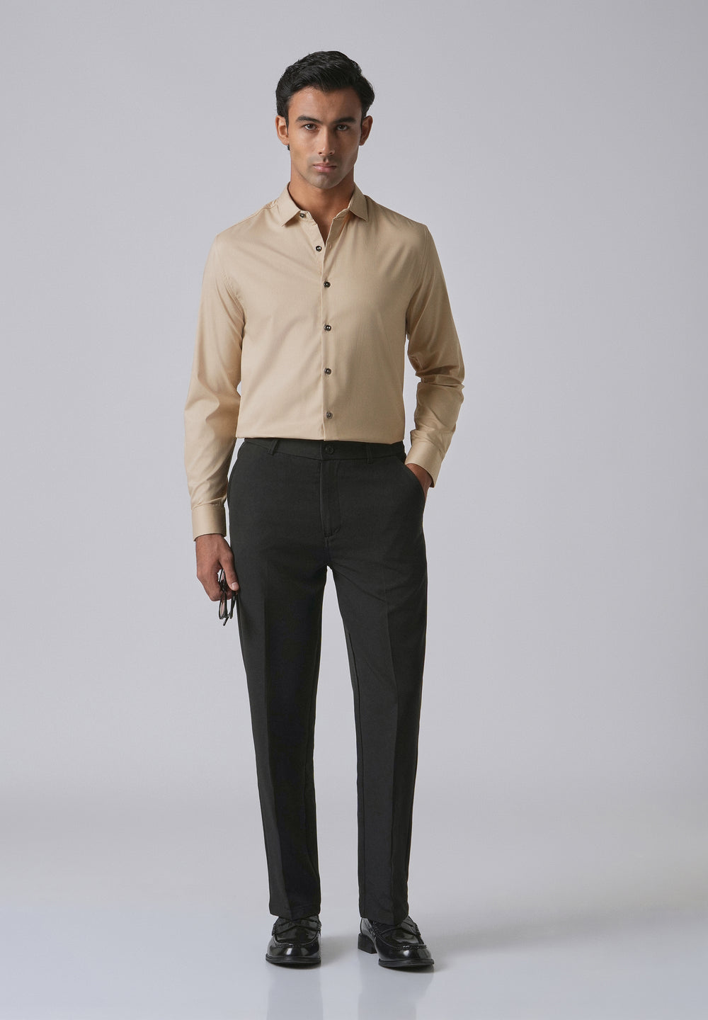 Tan Beige Cotton Stretch Plain Shirt