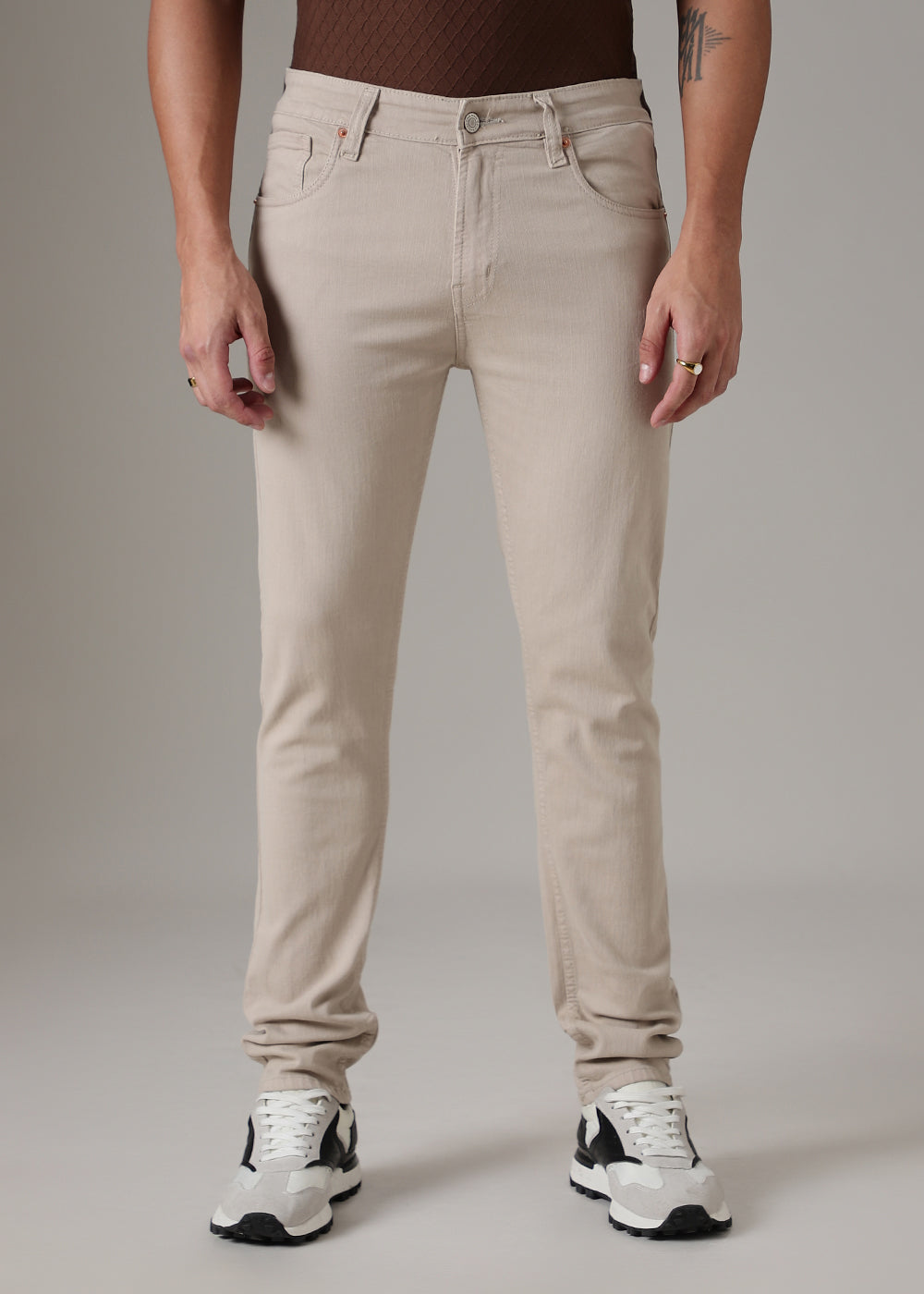 Cream Brown Slim Fit Denim