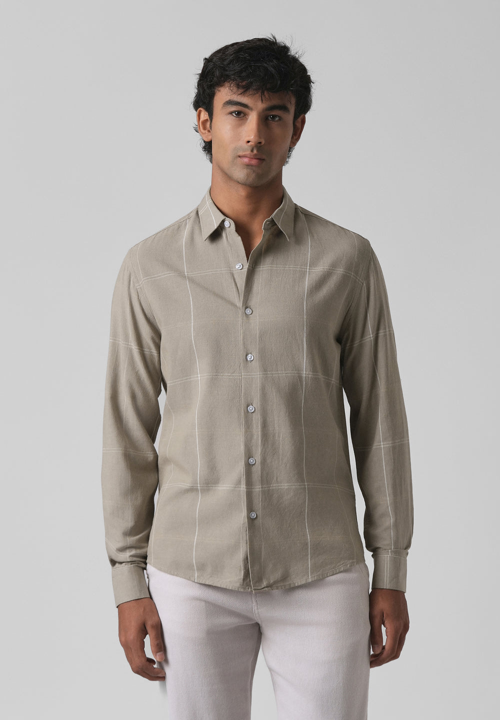 Tan Blended Linen Check Shirt